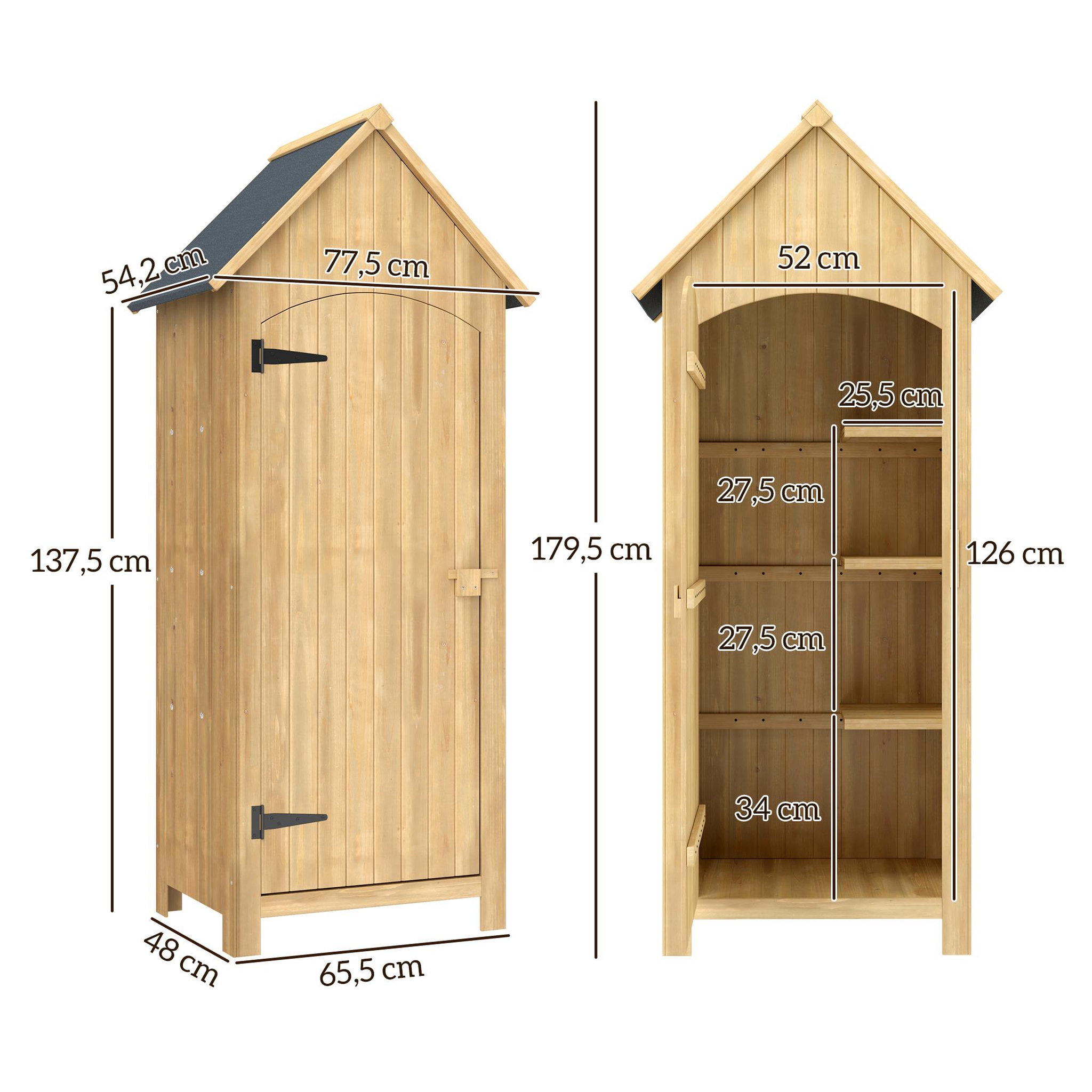 Voir la diapositive 3 : OUTSUNNY Armoire abri de jardin remise pour outils 3 étagères porte loquet toit pente bitumé dim. 77L x 54l x 179H cm bois sapin pré-huilé