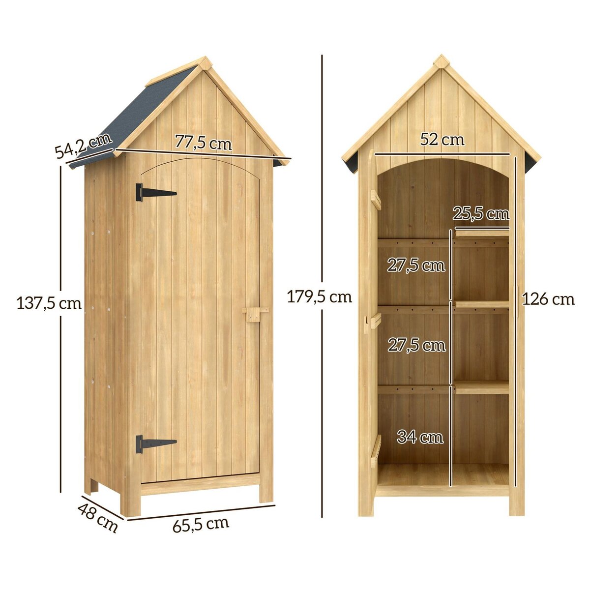 OUTSUNNY Armoire abri de jardin remise pour outils 3 étagères porte loquet toit pente bitumé dim. 77L x 54l x 179H cm bois sapin pré-huilé