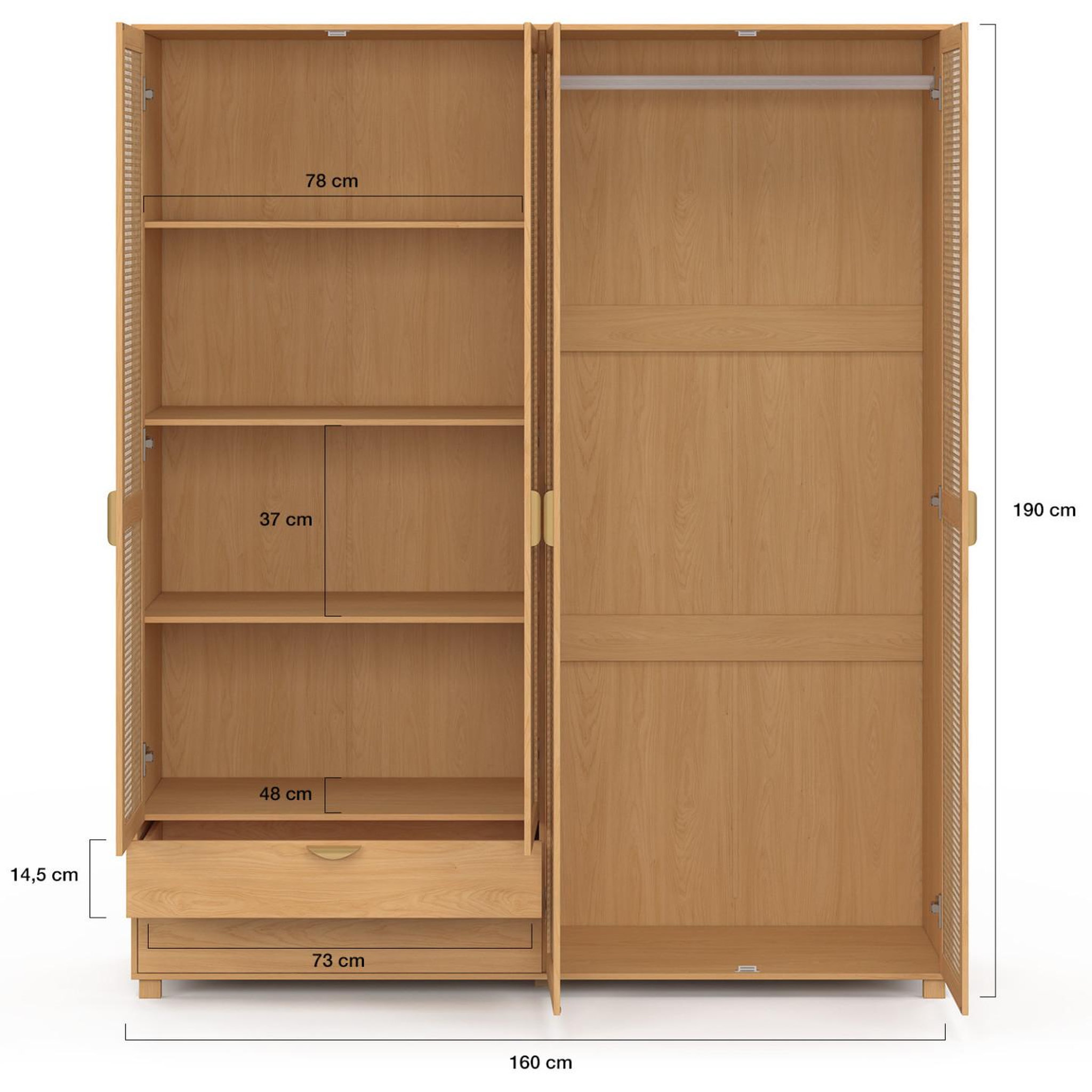 Voir la diapositive 4 : ID MARKET Armoire 4 portes edhen bois et cannage penderie 160 cm avec 2 tiroirs et étagères