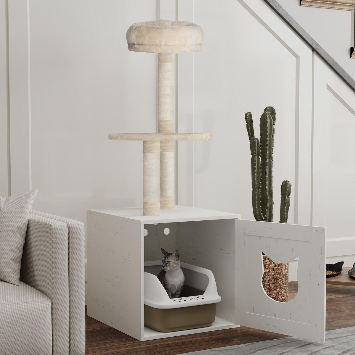 PAWHUT Arbre à chat maison de toilette 2 en 1 - H.129 cm - porte tête de chat - plateforme panier observation - blanc crème