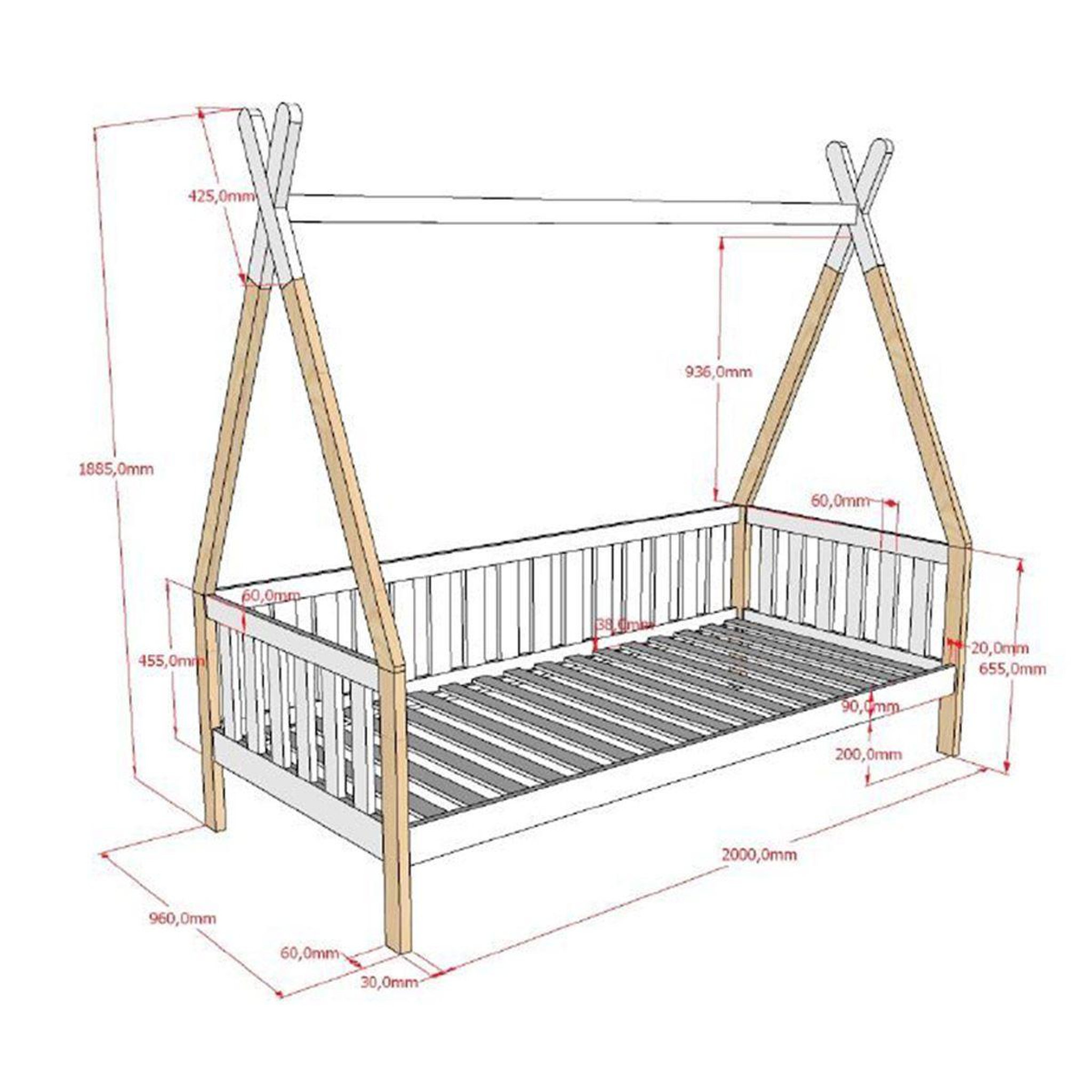 Voir la diapositive 5 : Paris Prix Lit enfant, barrière & tiroir  tipi  90x200cm naturel & blanc