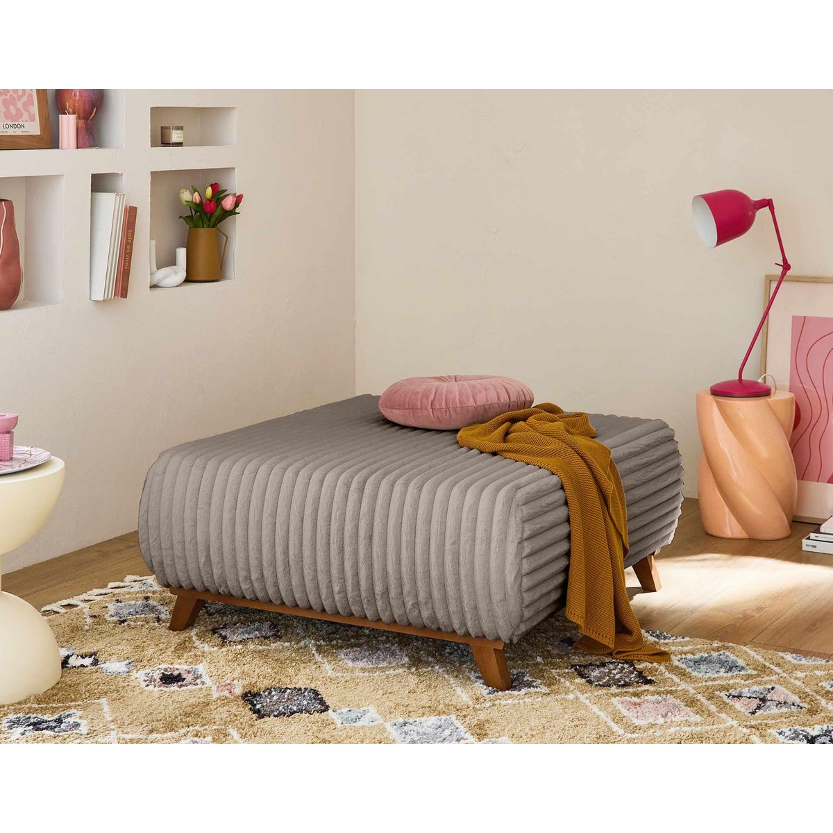 BEST MOBILIER Cristal - canapé 3 places - convertible avec coffre et grand pouf - en fausse fourrure côtelée