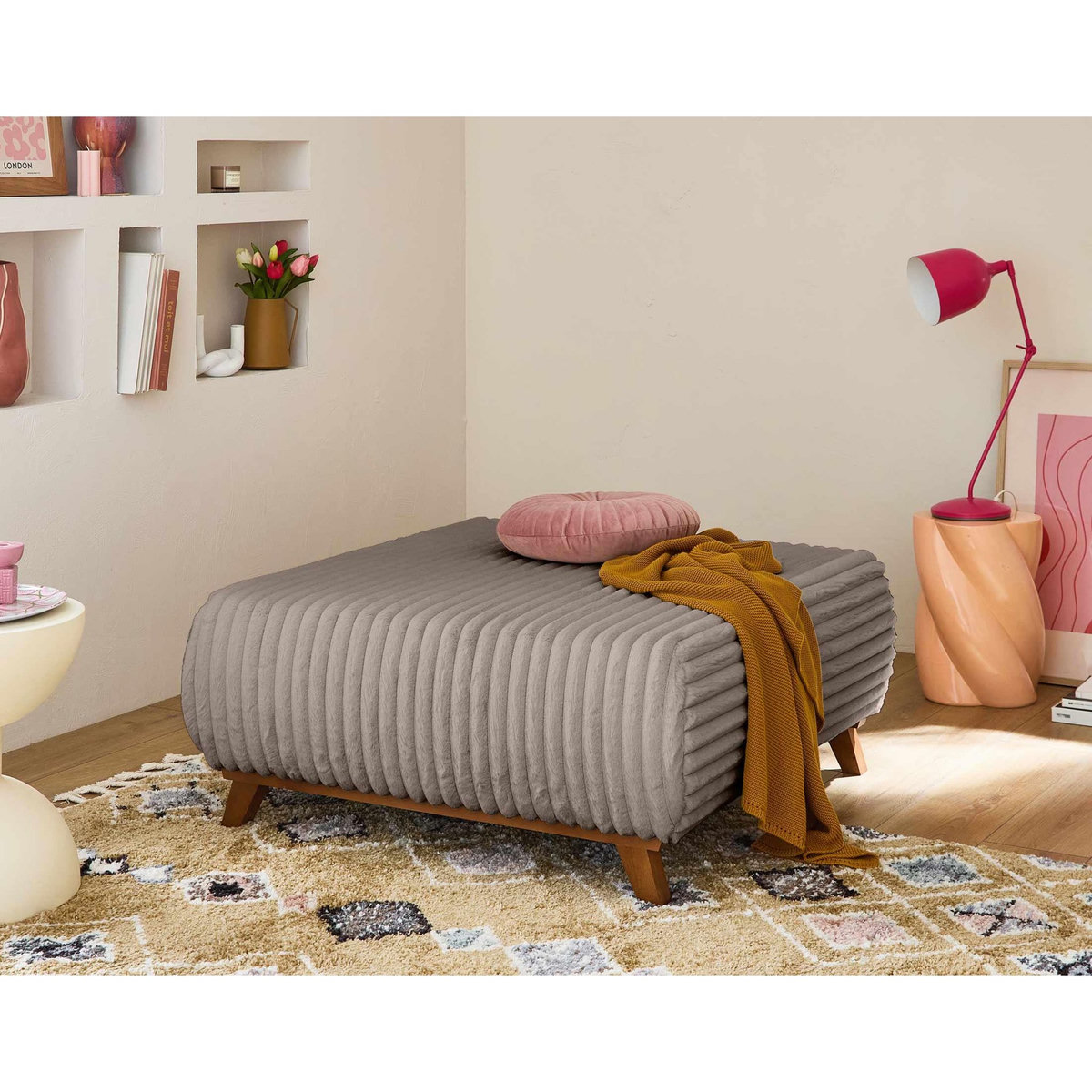 BEST MOBILIER Cristal - canapé 3 places - convertible avec coffre et grand pouf - en fausse fourrure côtelée