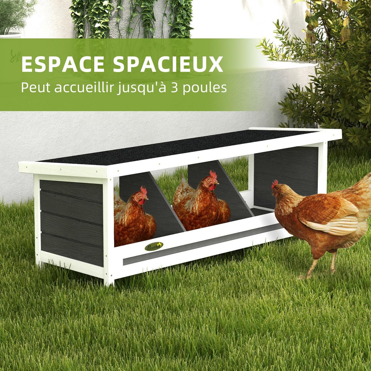PAWHUT Pondoir pour poules 3 emplacements nichoir en bois avec fond et toit gris blanc noir