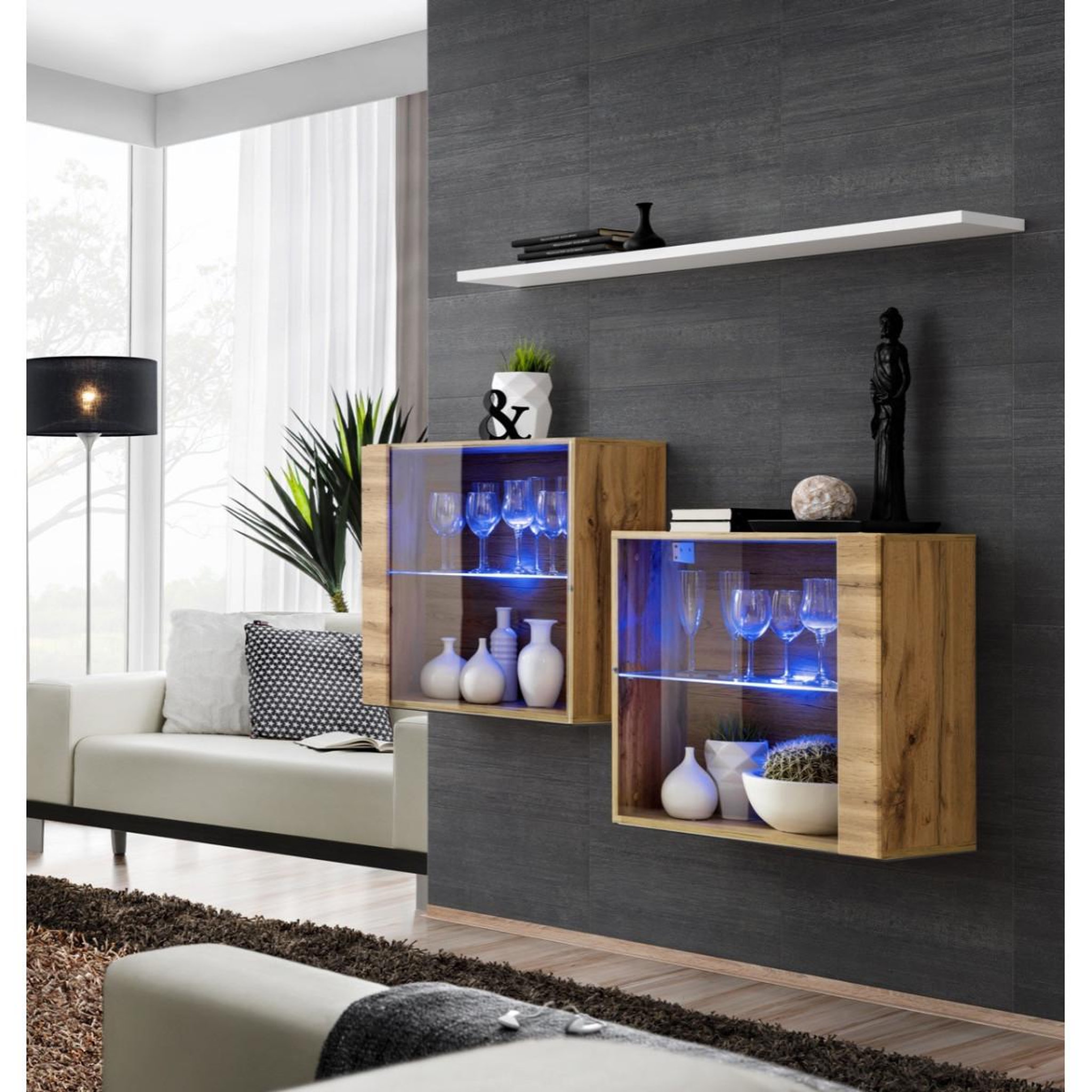 Paris Prix Lot de 2 vitrines murales & étagère  switch sbiii  130cm naturel & blanc