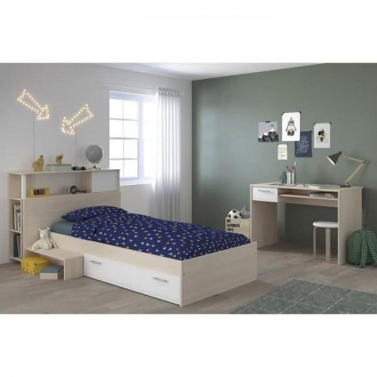 Chambre complète enfant 3 pièces ZODIAC - Lit + chevet + bureau - Décor  blanc mat - PARISOT - Cdiscount Maison