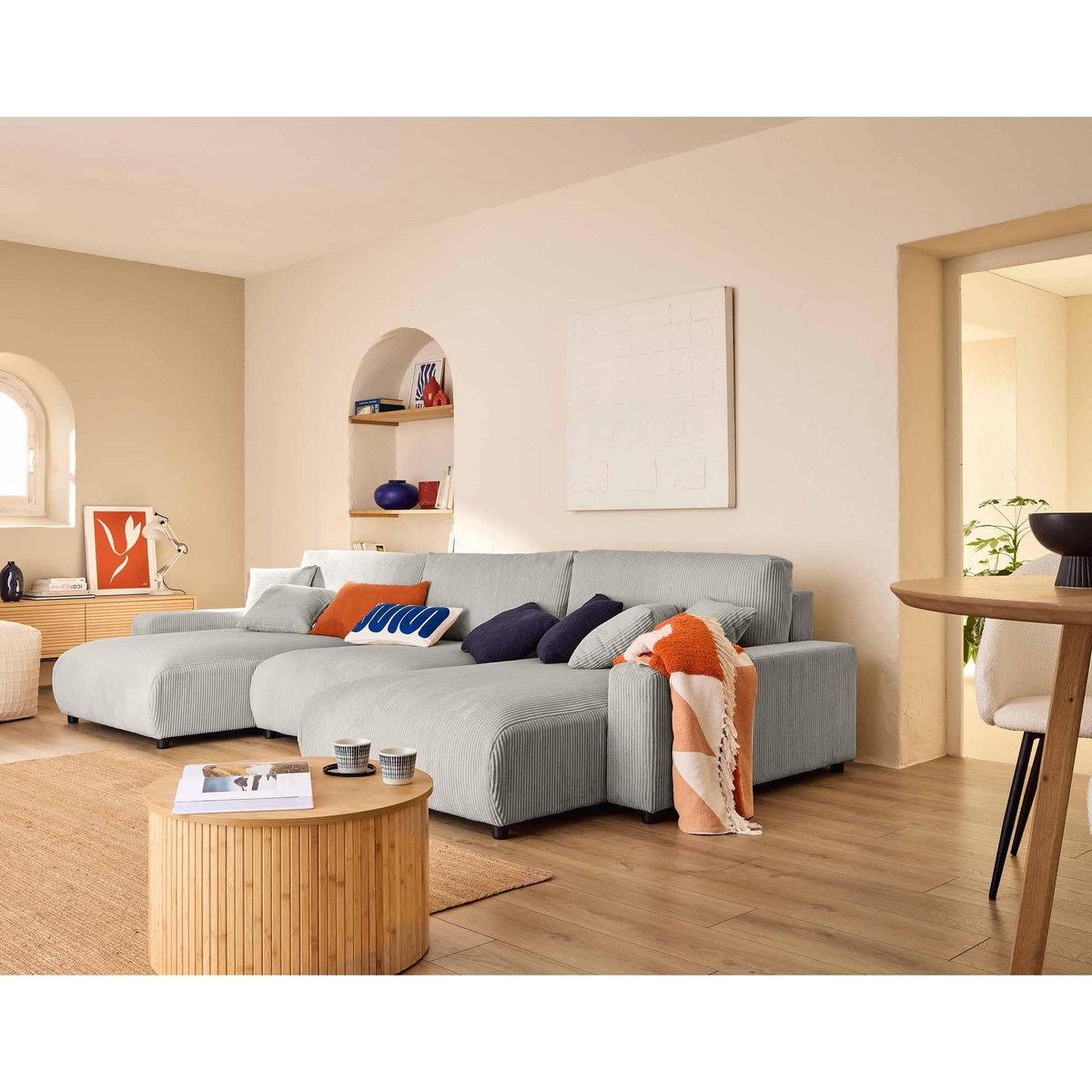 LISA DESIGN Pivoine - canapé panoramique en u - 7 places - convertible avec coffre - en velours côtelé