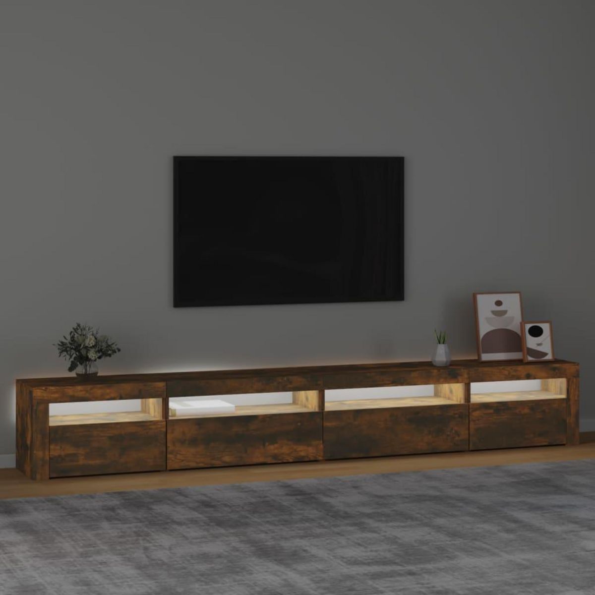 VIDAXL Meuble TV avec lumieres LED Chene fume 270x35x40 cm