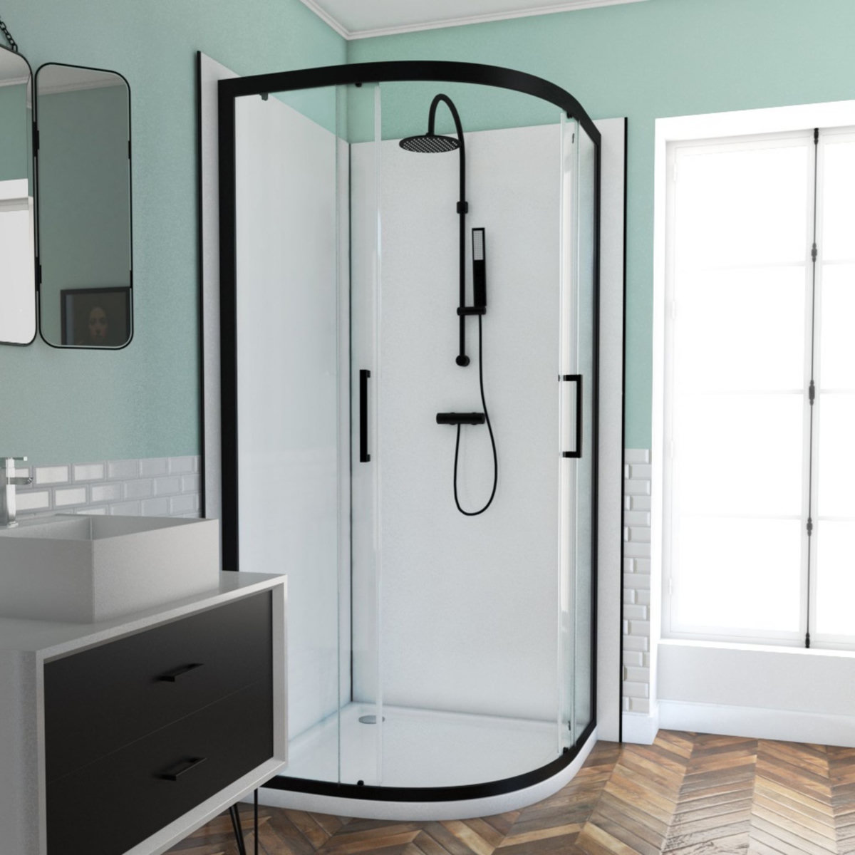 Aurlane Porte de douche coulissante quart de cercle noire 90x200 cm - ROUND FACTORY