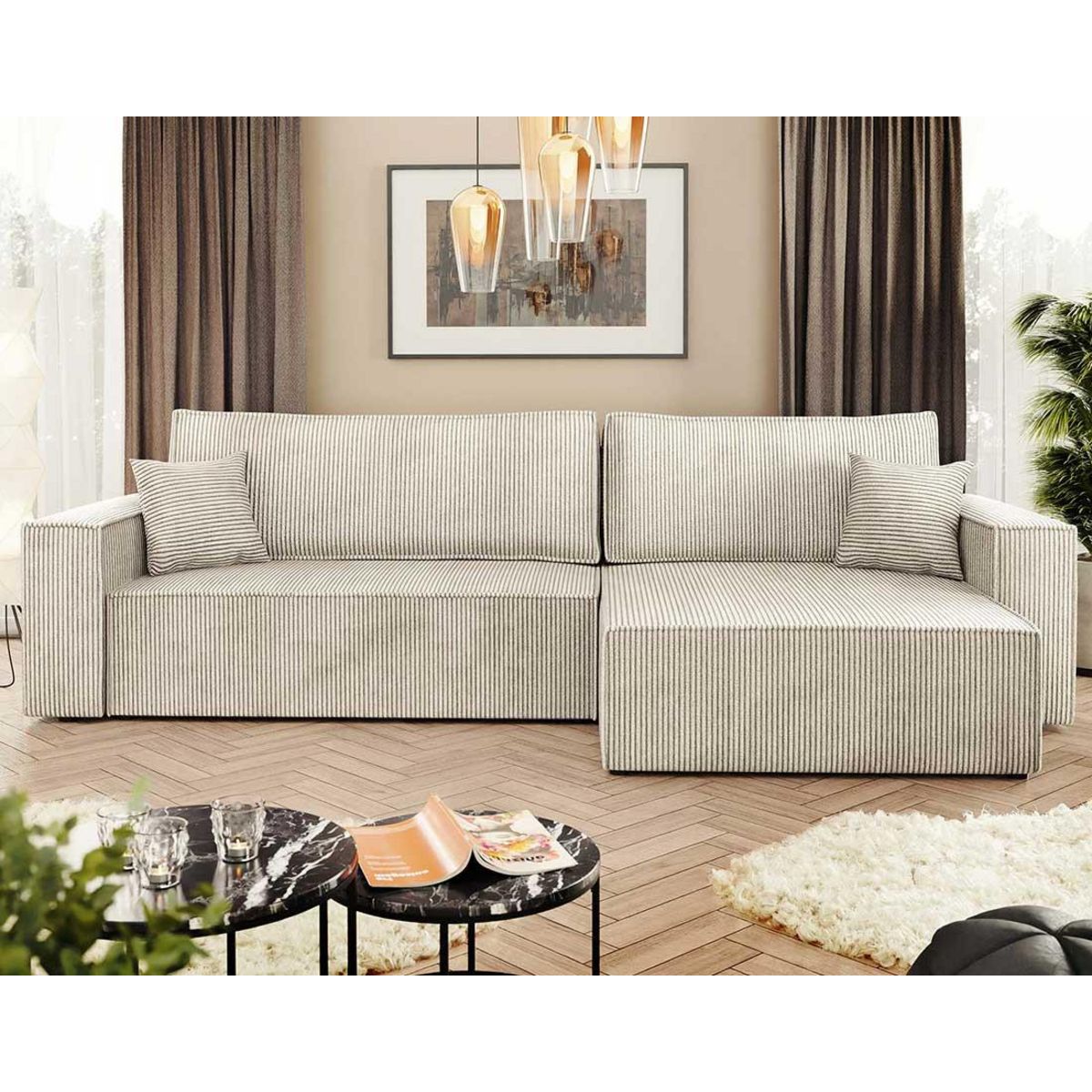 BEST MOBILIER Cezanne - canapé d'angle réversible 5 places convertible avec coffre en velours côtelé