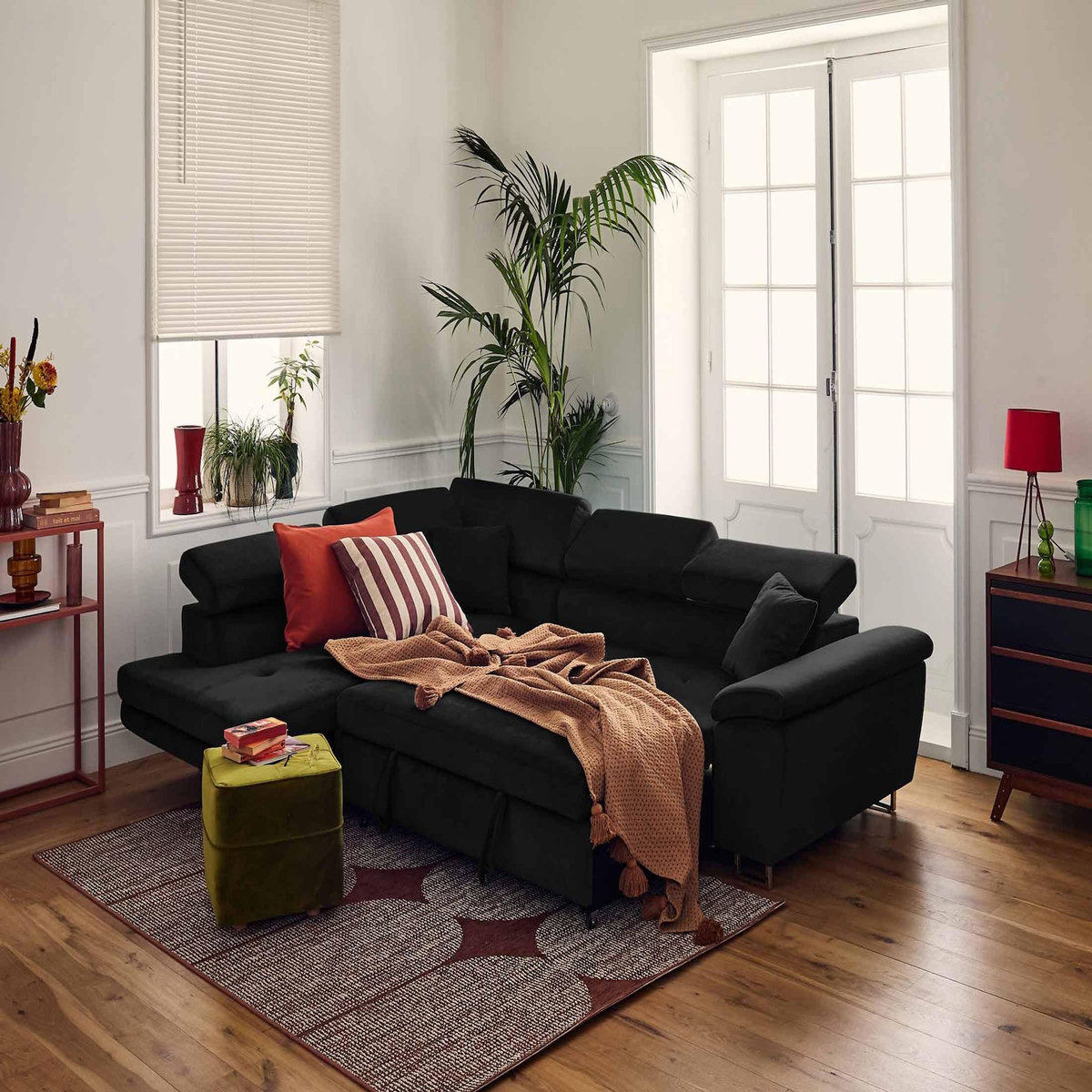 BEST MOBILIER Dimas - canapé d'angle gauche 5 places - convertible avec coffre et têtières réglables - en velours