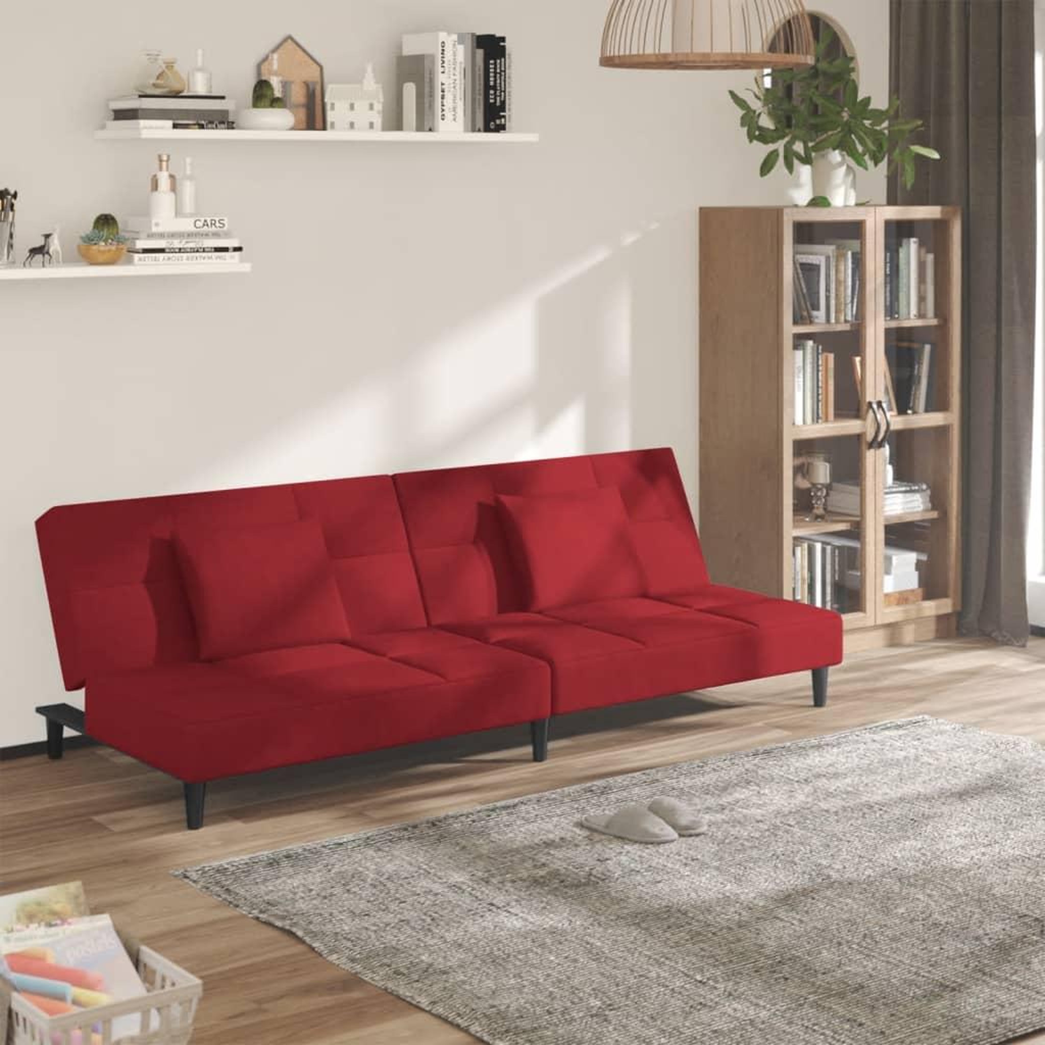 VIDAXL Canape-lit a 2 places et deux oreillers Rouge bordeaux Velours