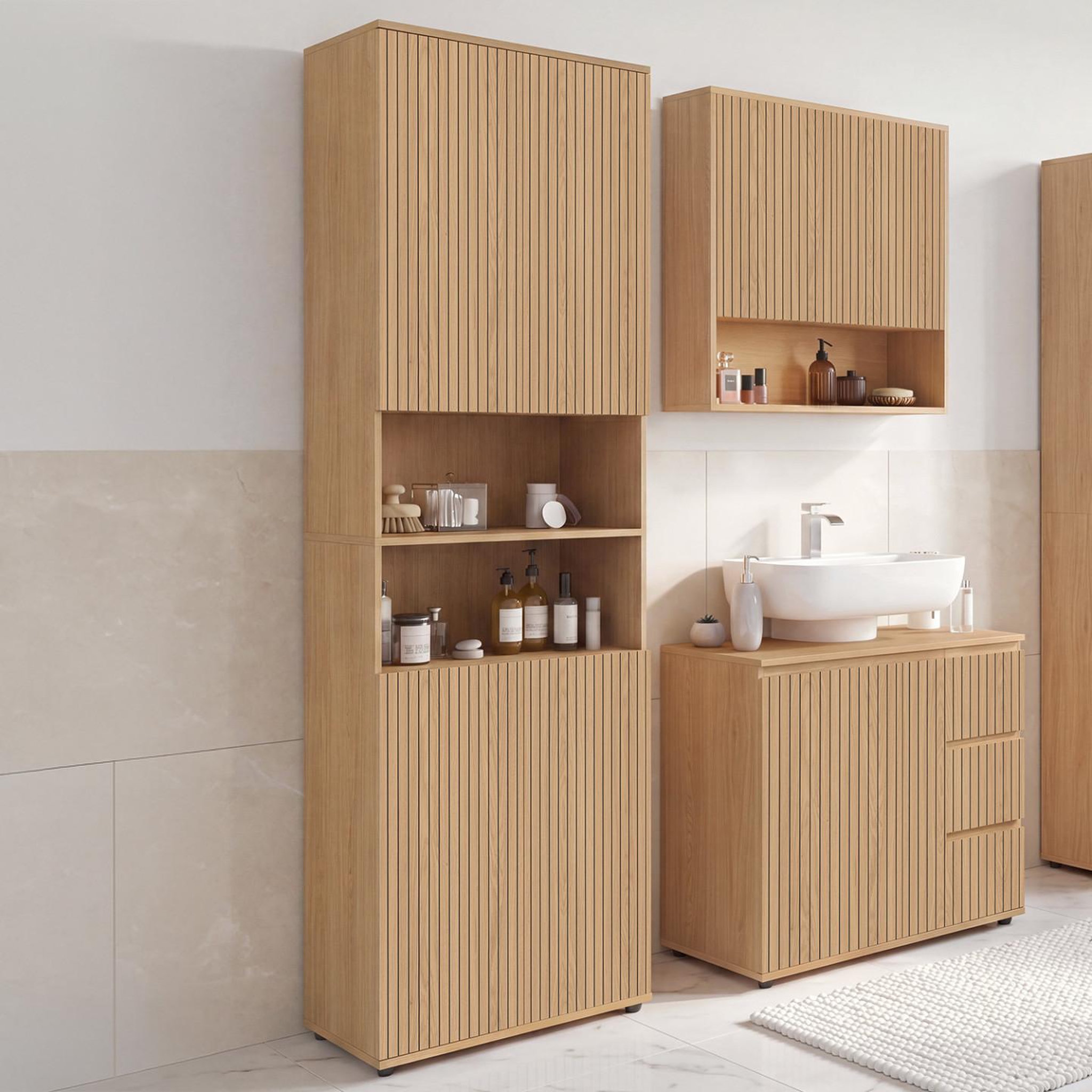 Voir la diapositive 2 : ID MARKET Meuble armoire colonne salle de bain VICTOR 4 portes 2 niches effet lattes