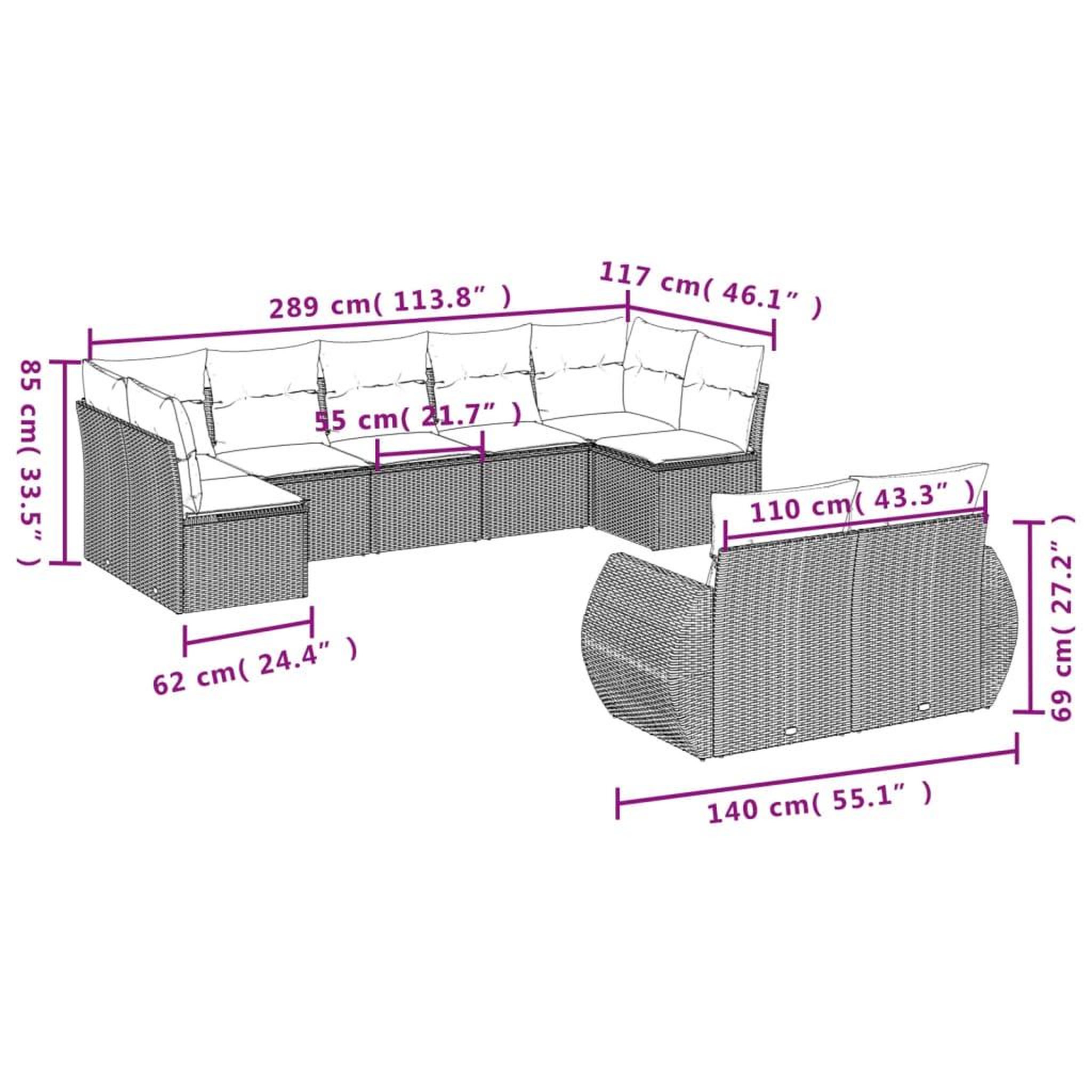 Voir la diapositive 3 : VIDAXL Salon de jardin 9 pcs avec coussins gris resine tressee