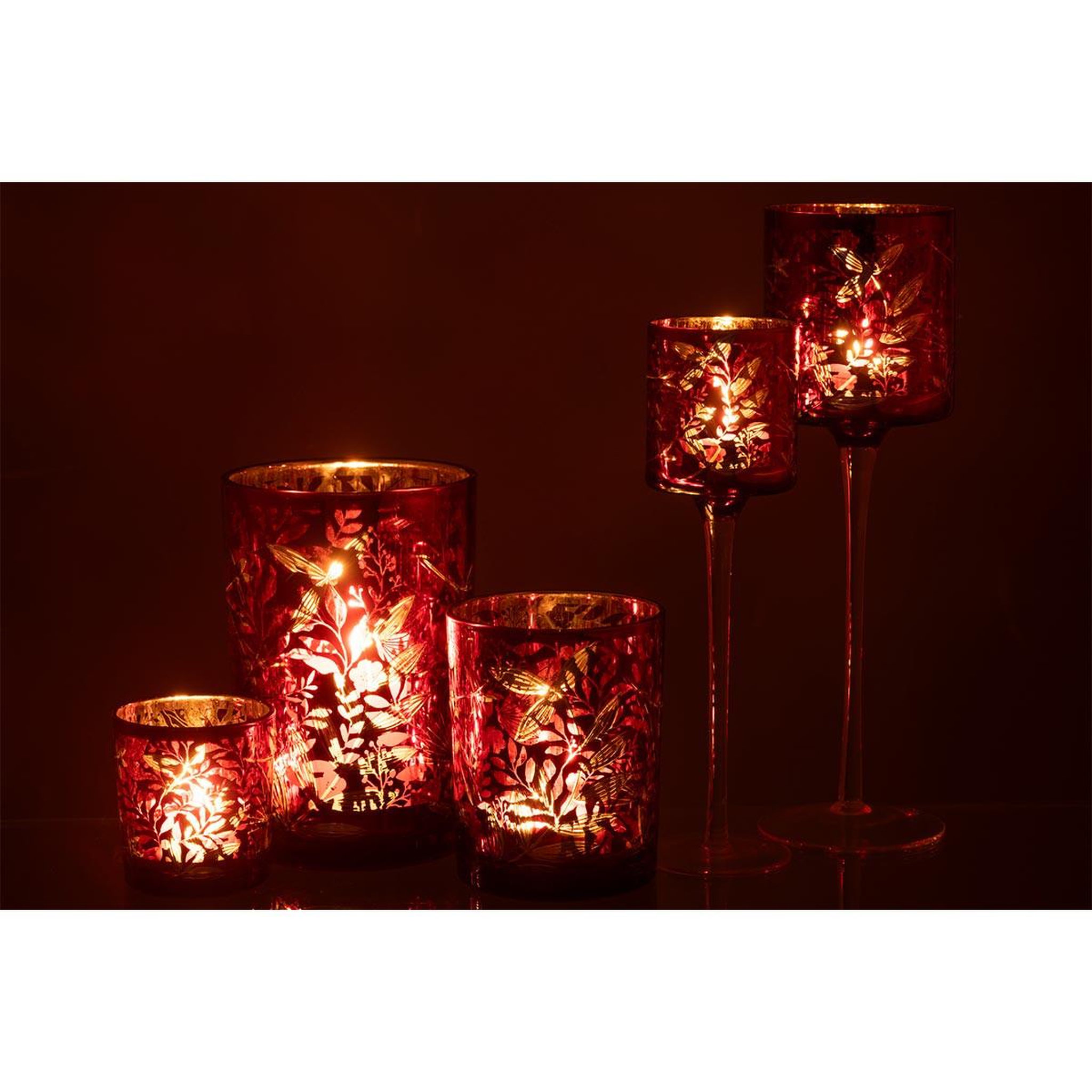 Voir la diapositive 6 : J-LINE Photophore Déco en Verre  Feuilles  18cm Rouge