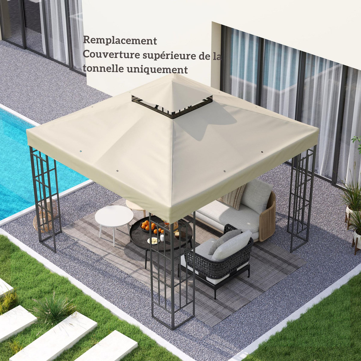 OUTSUNNY Toile de rechange barnum tonnelle 3 x 3 m - toit double avec œillets drainage - polyester haute densité 370 g/m² beige