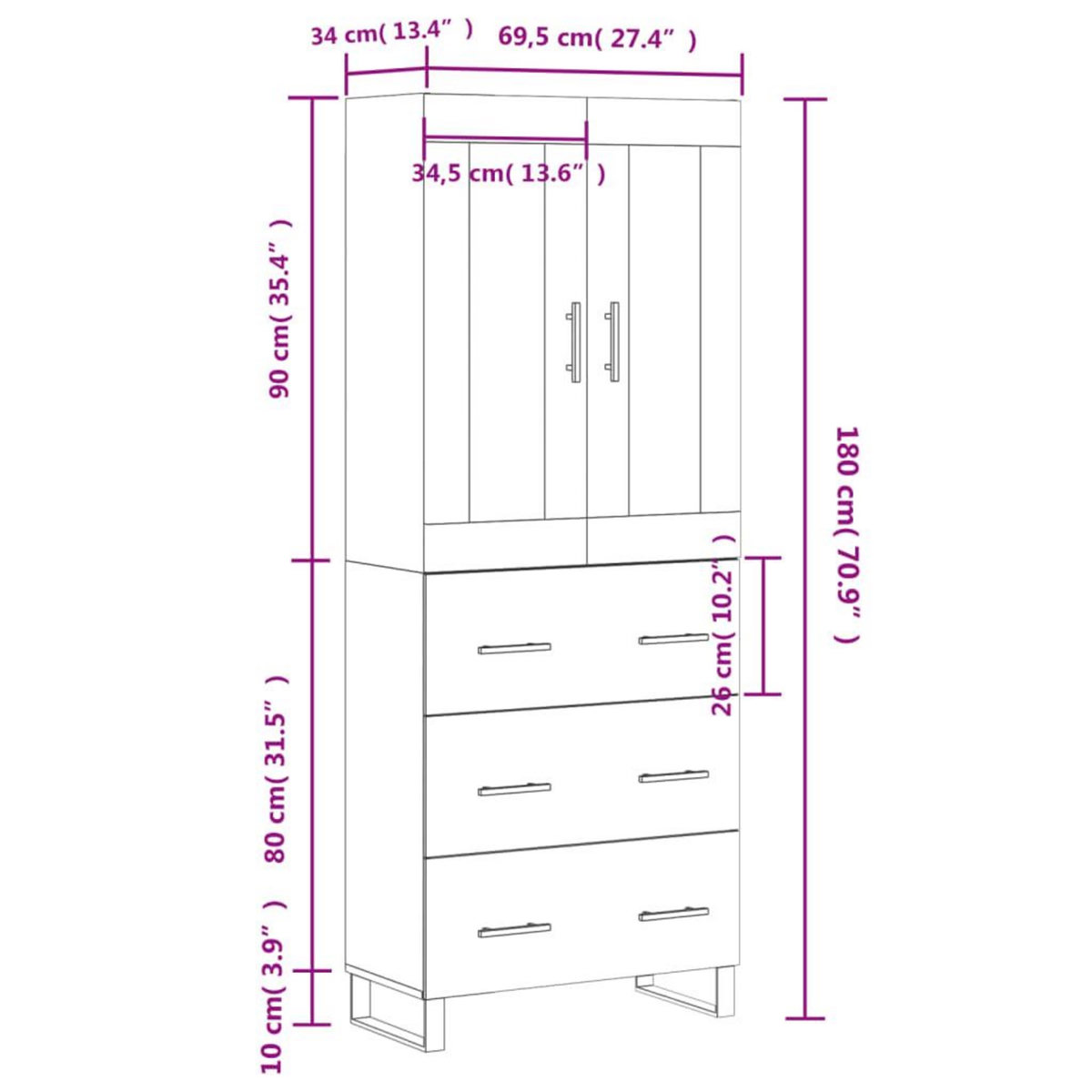 VIDAXL Buffet haut Blanc 69,5x34x180 cm Bois d'ingenierie