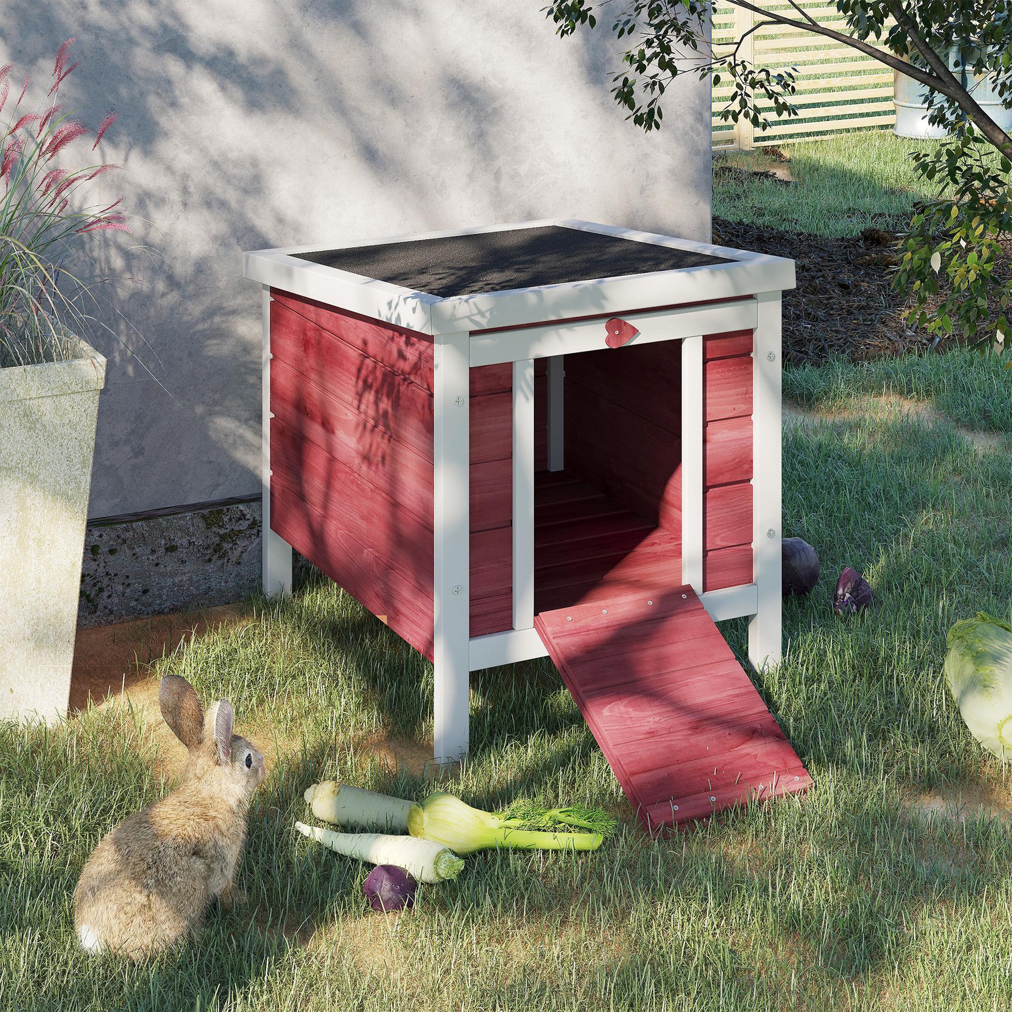 Voir la diapositive 5 : PAWHUT Clapier lapin niche sur pied - rampe porte verrouillable, toit ouvrant bitumé incliné - bois rouge blanc