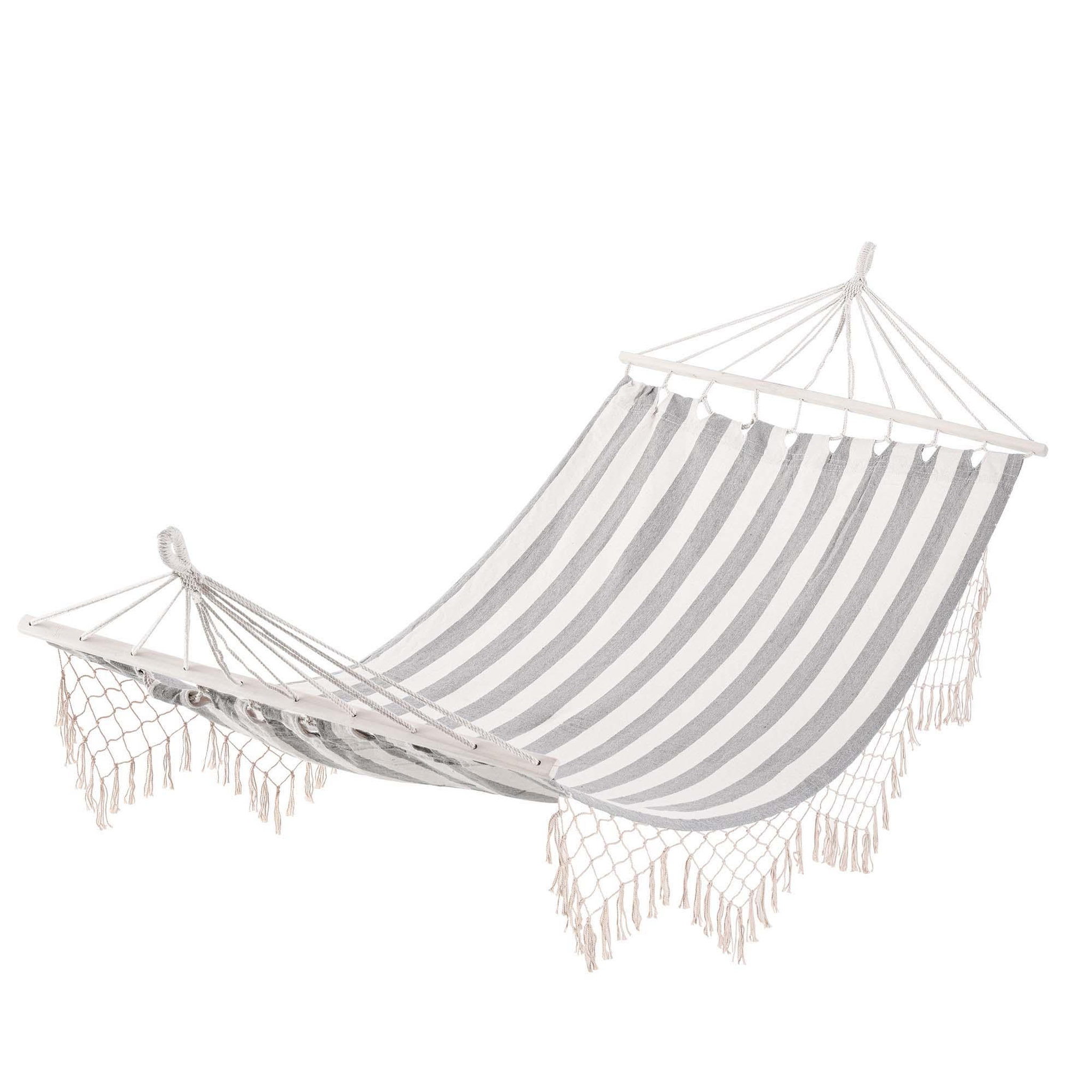 Voir la diapositive 1 : OUTSUNNY Hamac de voyage portable style hippie chic toile de hamac dim. 2L x 1l m coton polyester gris écru rayé