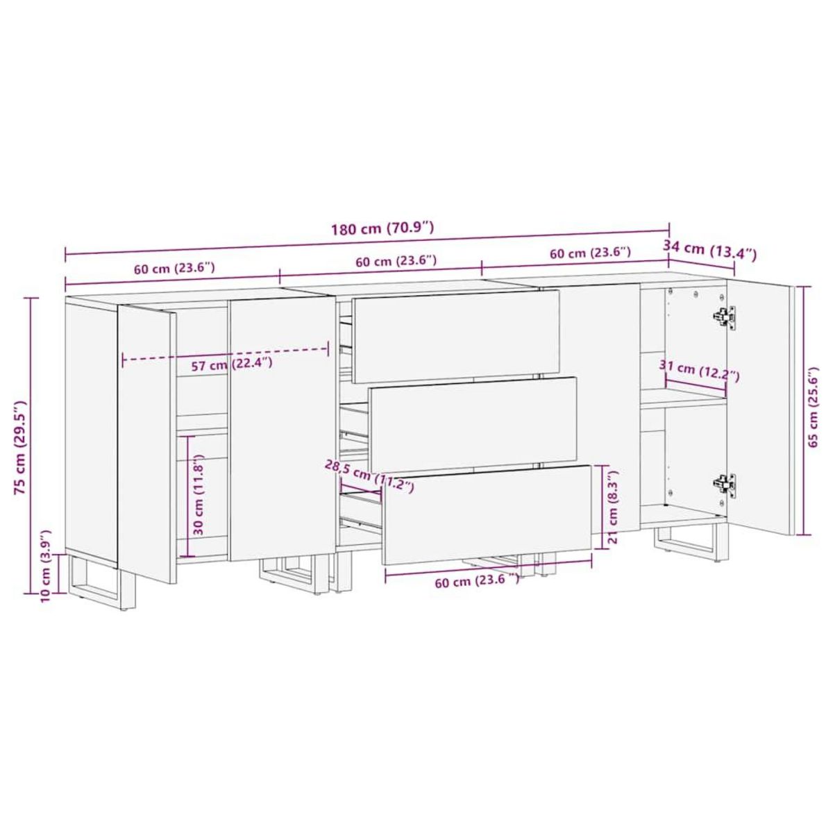 VIDAXL Buffets 3 pcs noir 60x33x75 cm bois massif de manguier