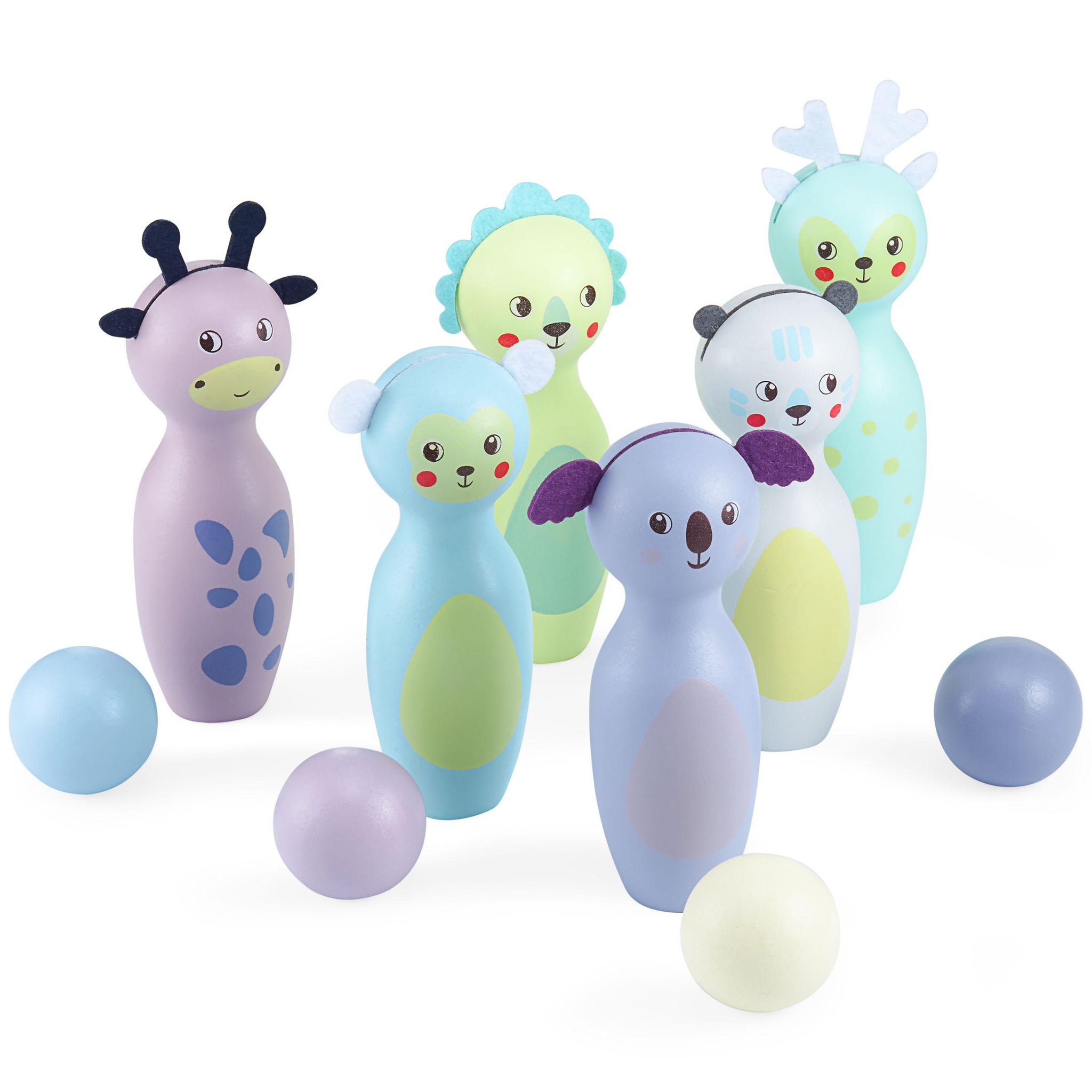 MAMABRUM Jeu de Quilles en Bois Enfants Mamabrum - Animaux Pastels, 6 Quilles et 4 Boules - Bowling Enfant