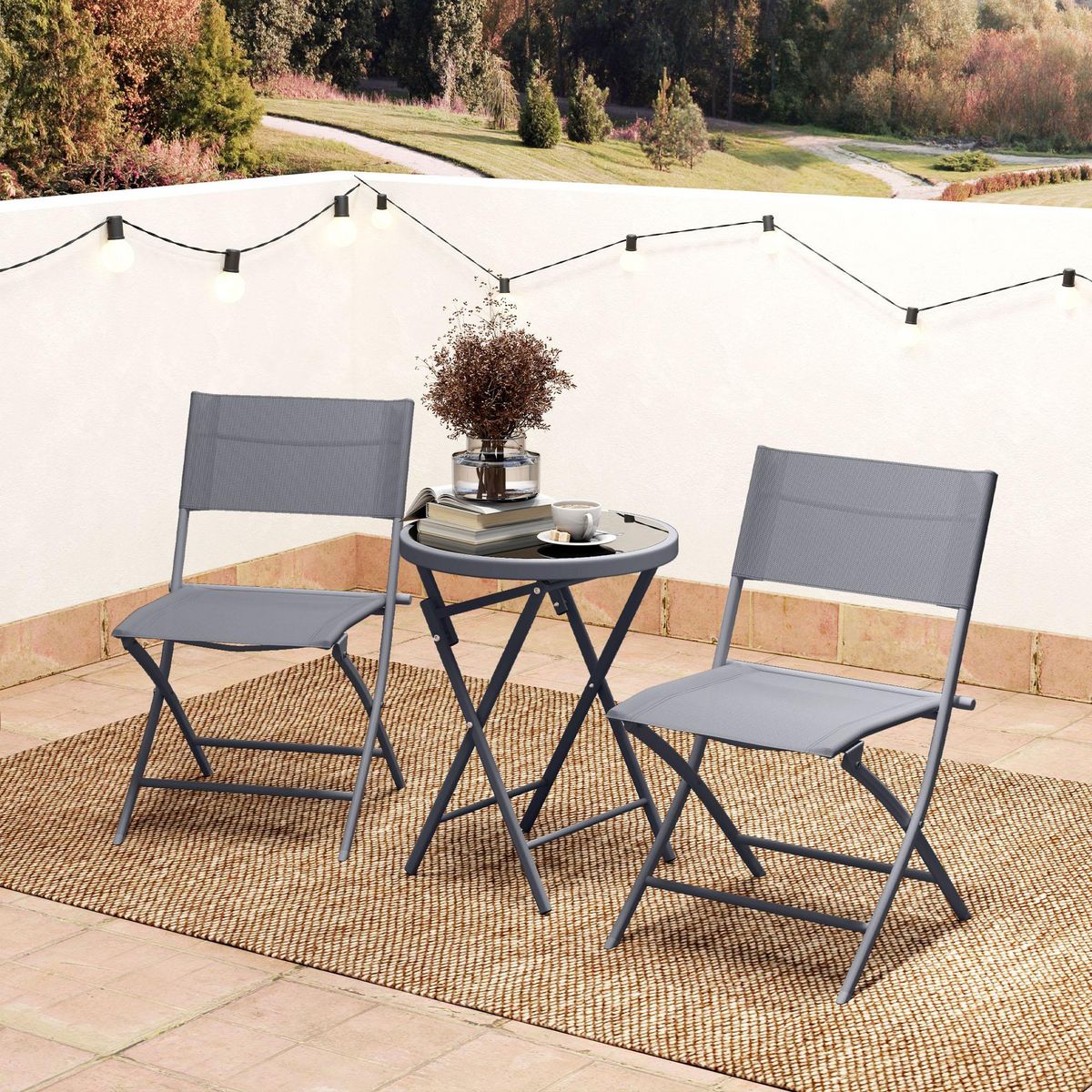 OUTSUNNY Ensemble jardin 2 personnes pliable - ensemble bistrot de jardin 3 pièces - métal époxy gris