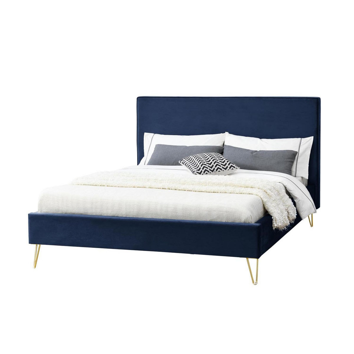 CONCEPT USINE Structure de lit 140 x 190 cm en velours et laiton bleu RIVERSIDE