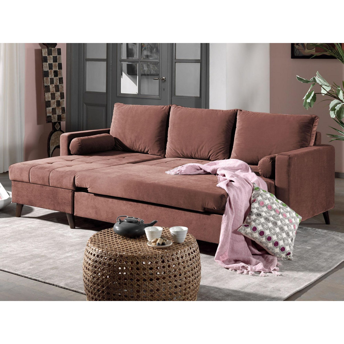 BEST MOBILIER Polar - canapé d'angle réversible convertible - en velours au design scandinave - 4 places