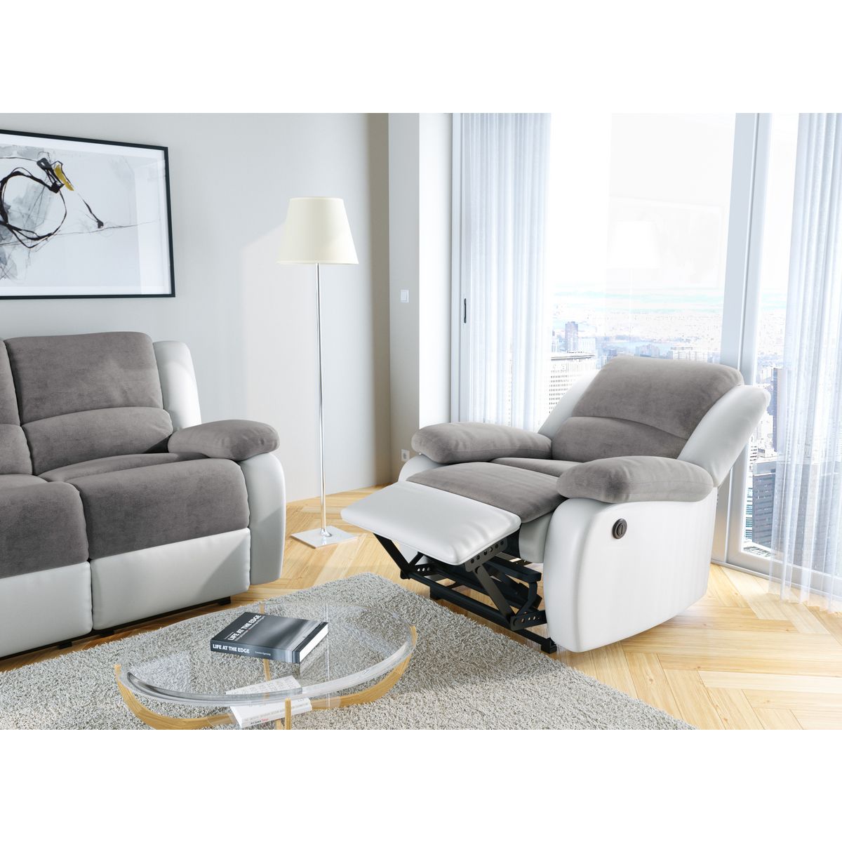 Fauteuil relax électrique pu blanc + tissu gris HELENA