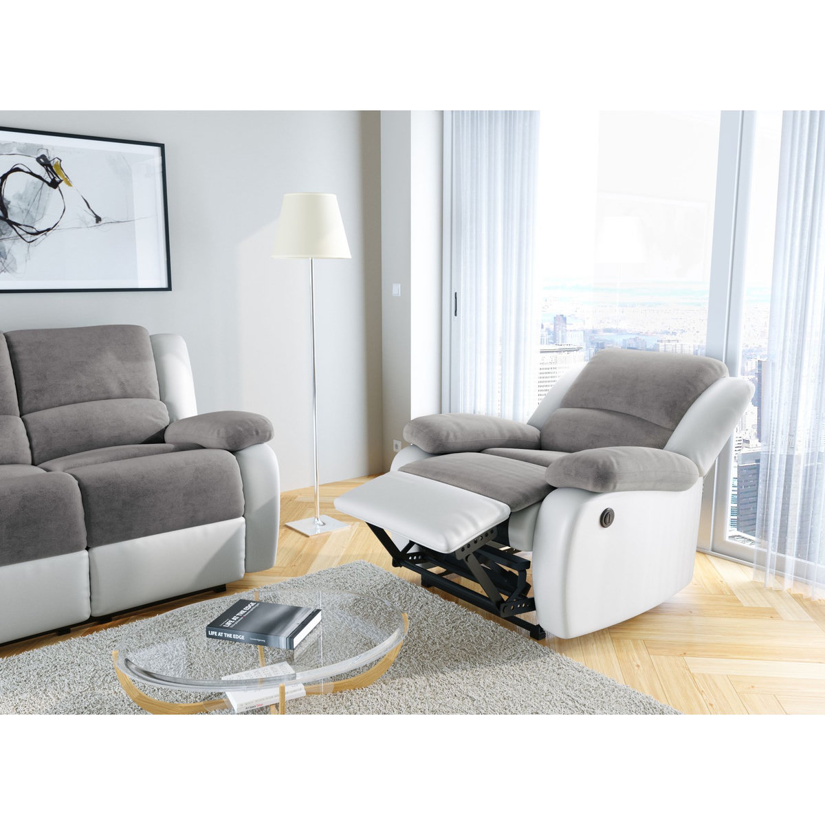 Fauteuil relax électrique pu blanc + tissu gris HELENA