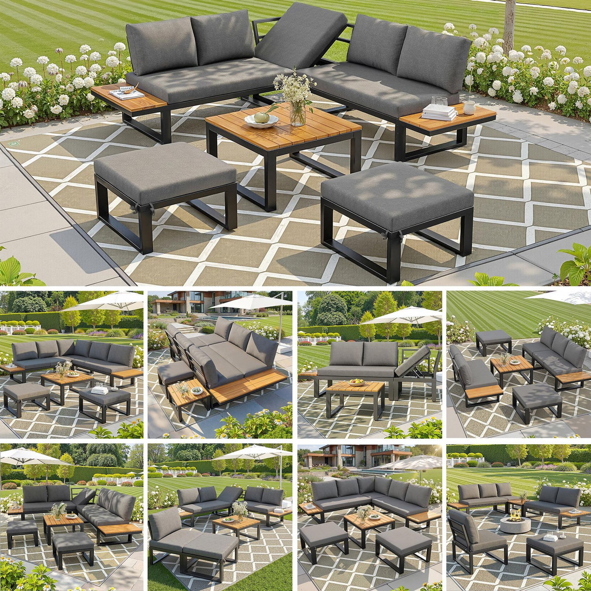 MERAX Salon de jardin 7 places avec, canapé angle, dossier réglable, poufs et table