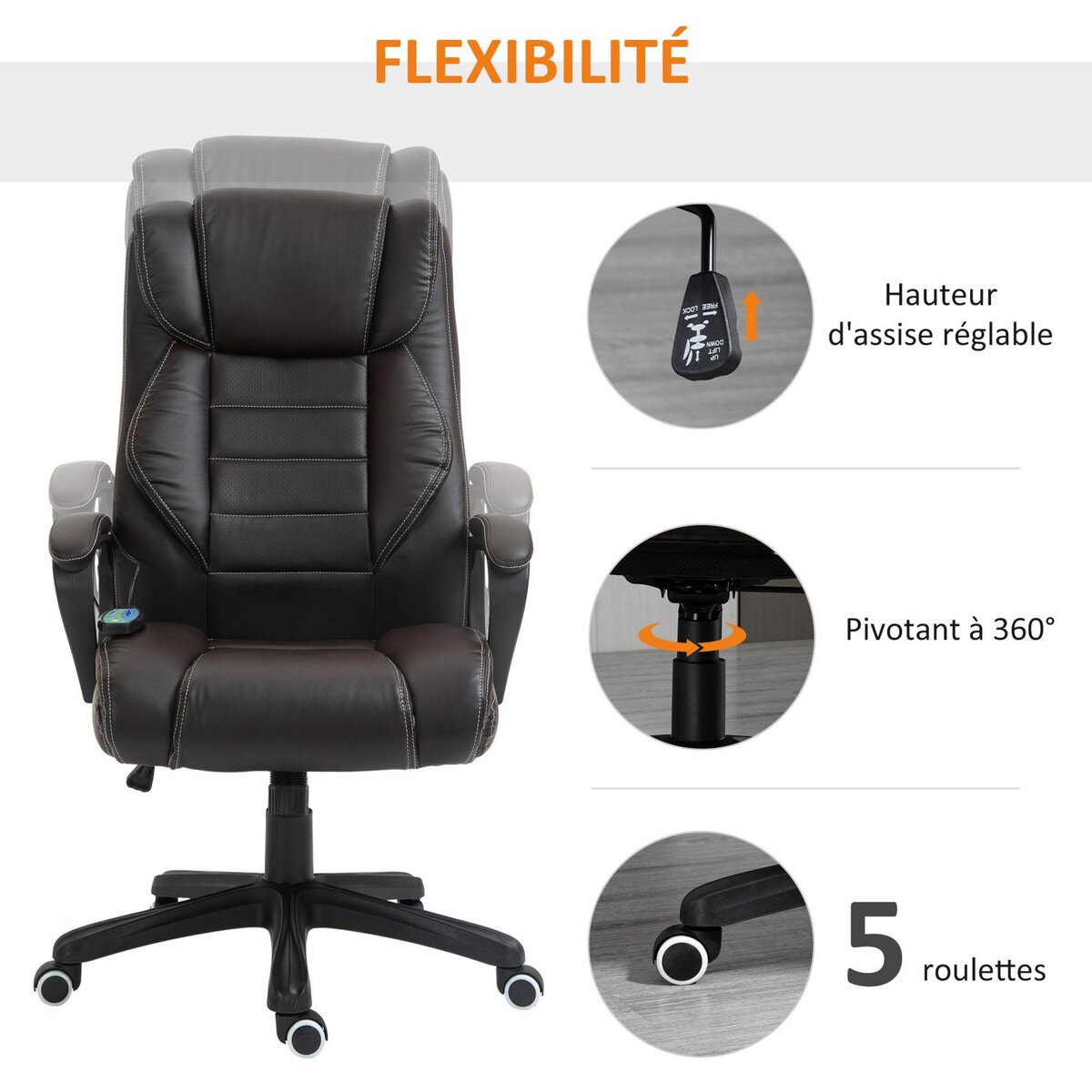 VINSETTO Fauteuil de bureau direction massant grand confort hauteur réglable fonction dossier à bascule revêtement synthétique chocolat