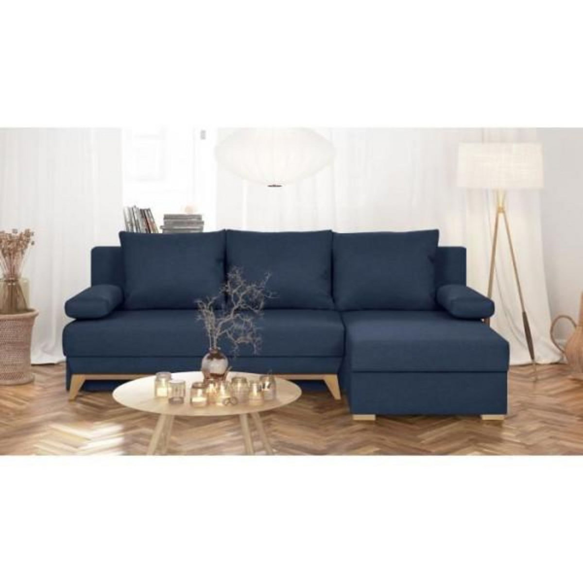 MARKET24 TEIJO Canapé d'angle convertible - Tissu bleu foncé - L 197 x P 91/132 x H 82 cm