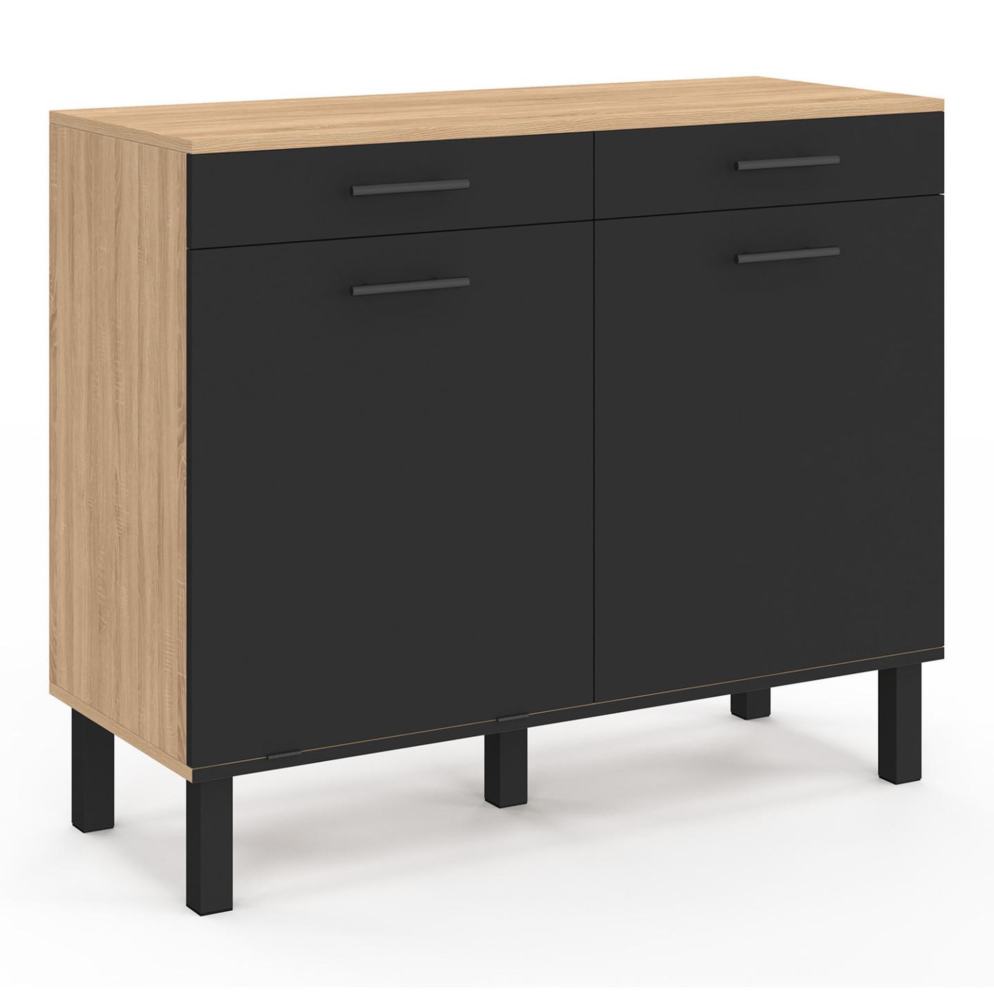 Voir la diapositive 3 : ID MARKET Buffet bas de cuisine avec espace poubelle 100 cm cina plan de travail h.83 cm 2 portes + tiroirs façon hêtre et noir