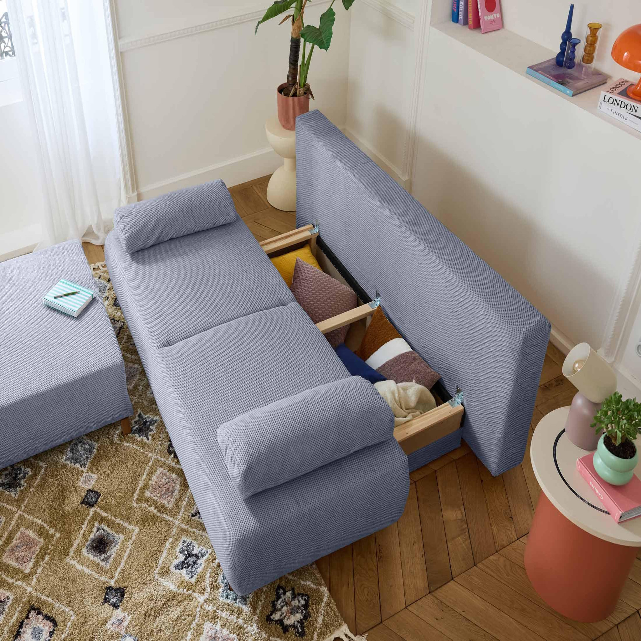Voir la diapositive 3 : BEST MOBILIER Cristal - canapé 3 places - convertible avec coffre et grand pouf - en velours texturé