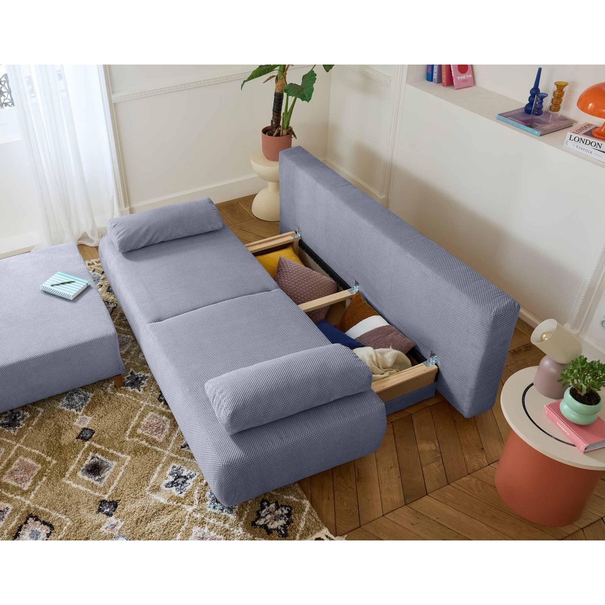 BEST MOBILIER Cristal - canapé 3 places - convertible avec coffre et grand pouf - en velours texturé