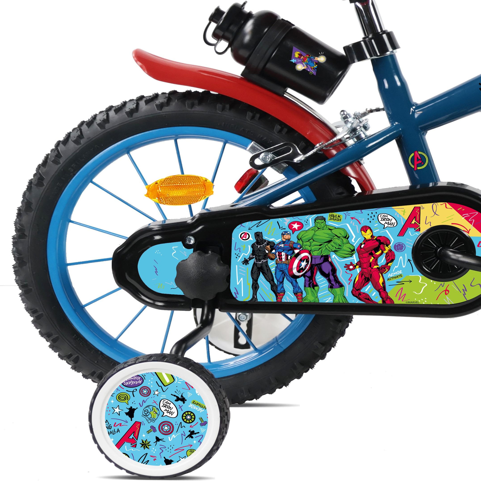 Voir la diapositive 5 : Avengers Vélo enfant 14'' avengers (90 à 105cm) avec 2 freins, plaque avant décorative , bidon arrière, stabilisateurs & pneus gonflables.
