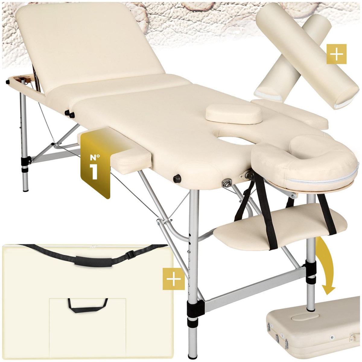 tectake Table de massage portable pliante à 3 zones largeur 60 cm et rembourrage de 5 cm beige