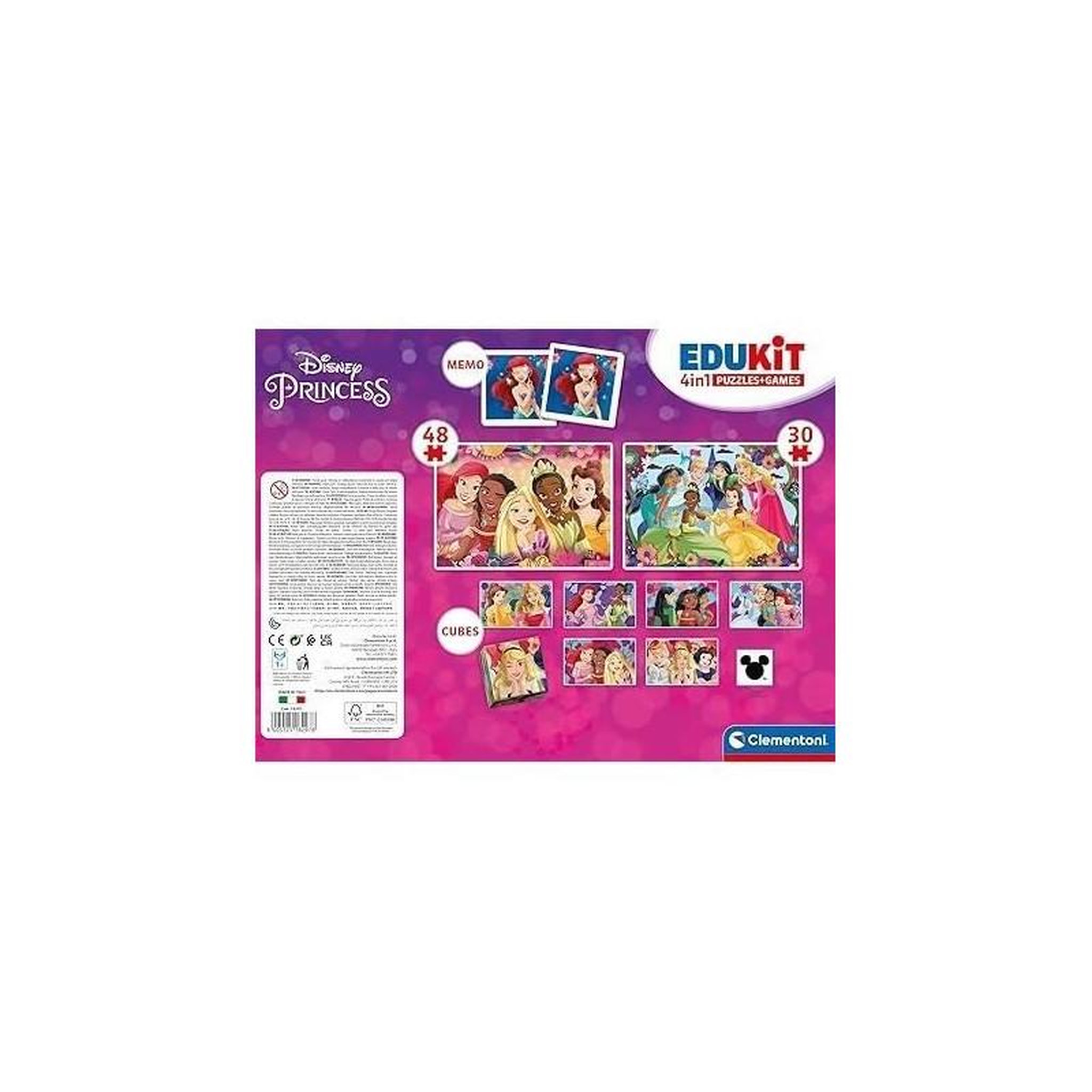 Voir la diapositive 6 : CLEMENTONI Coffret éducatif Edukit Disney Princesses 4 en 1 – 2 puzzles, 1 mémo, 1 jeu de 6 cubes – Puzzle et jeu enfant – Clementoni