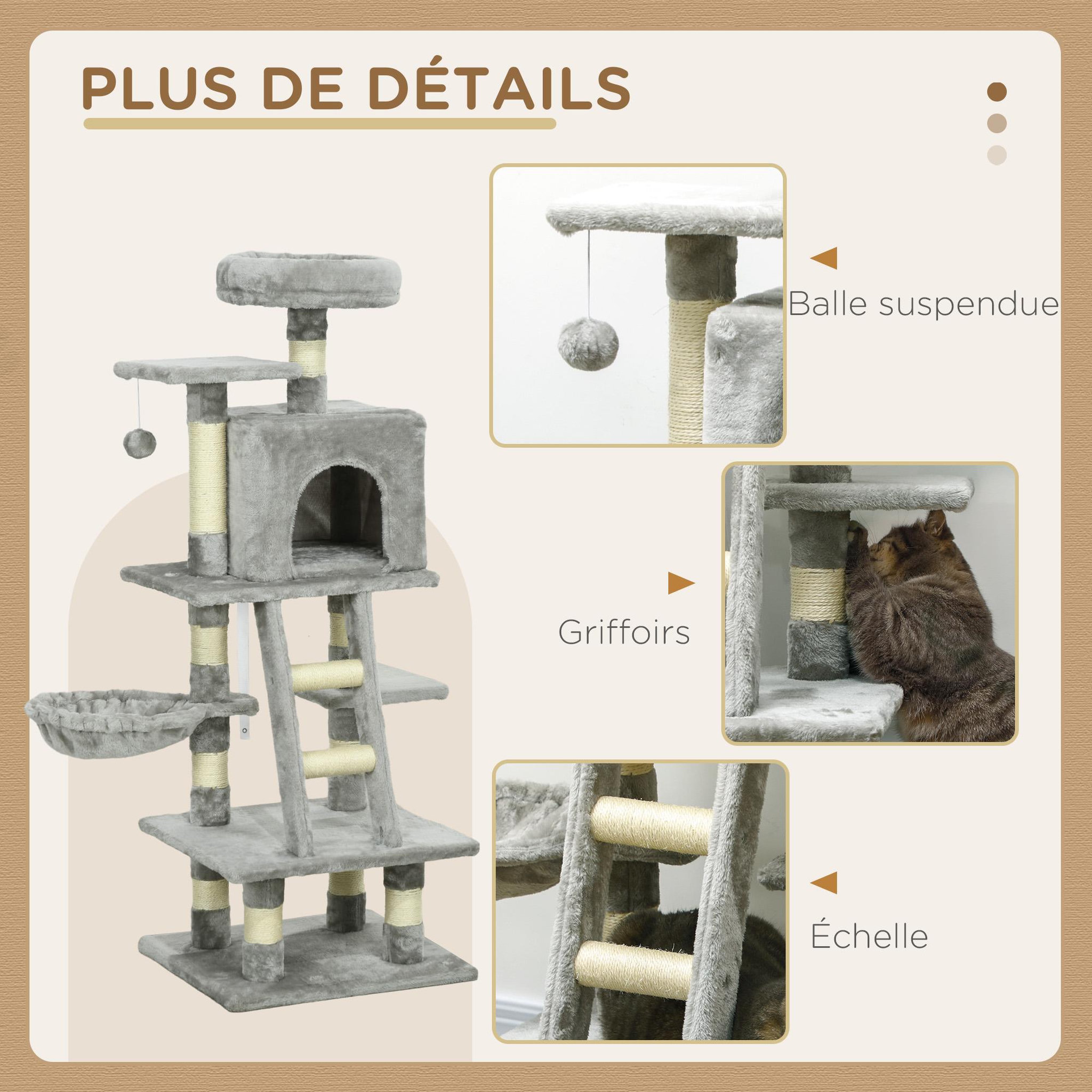 Voir la diapositive 6 : PAWHUT Arbre à chat multi-équipements griffoirs grattoirs niche plateformes + échelle + hamac + boule suspendue gris