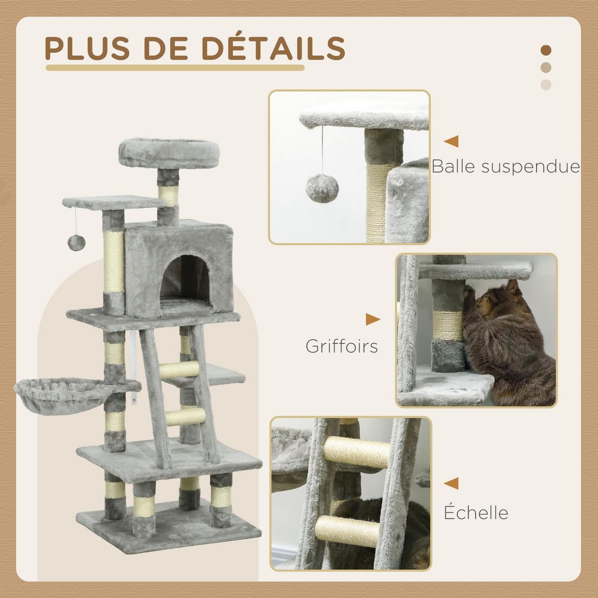 PAWHUT Arbre à chat multi-équipements griffoirs grattoirs niche plateformes + échelle + hamac + boule suspendue gris