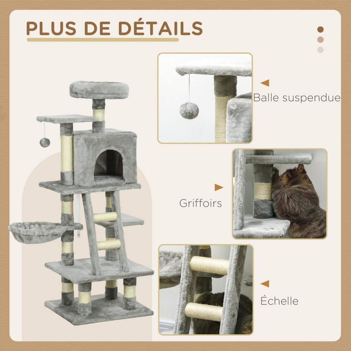 PAWHUT Arbre à chat multi-équipements griffoirs grattoirs niche plateformes + échelle + hamac + boule suspendue gris