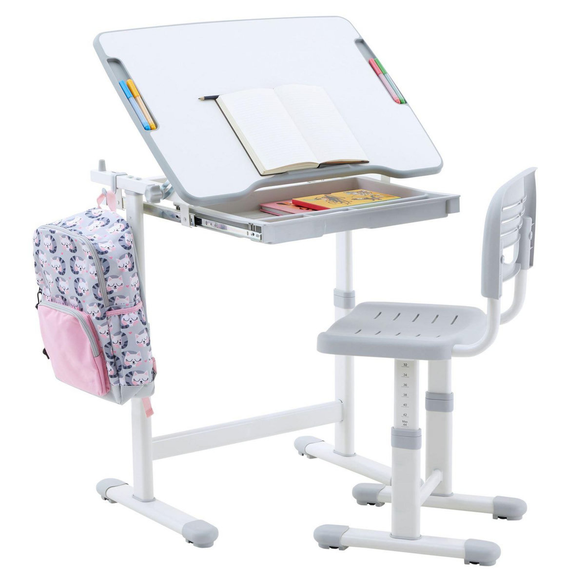 IDIMEX Ensemble bureau et chaise pour enfant TUTTO table et chaise réglable en hauteur, pupitre inclinable, métal blanc et plastique gris