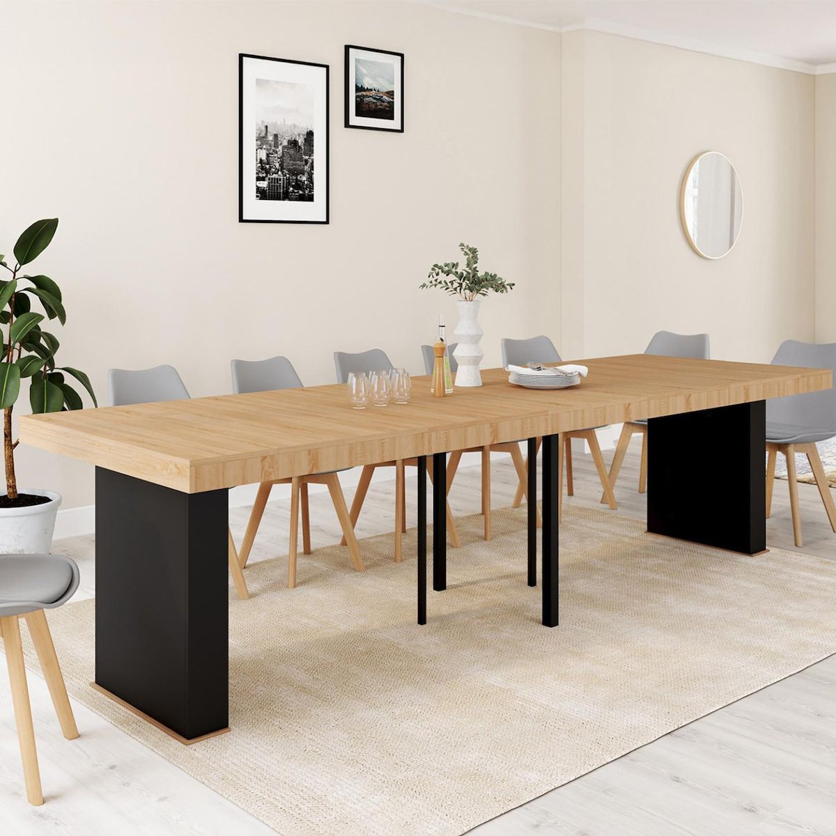 ID MARKET Table console extensible EDEN 14 personnes 300 cm bois et noir