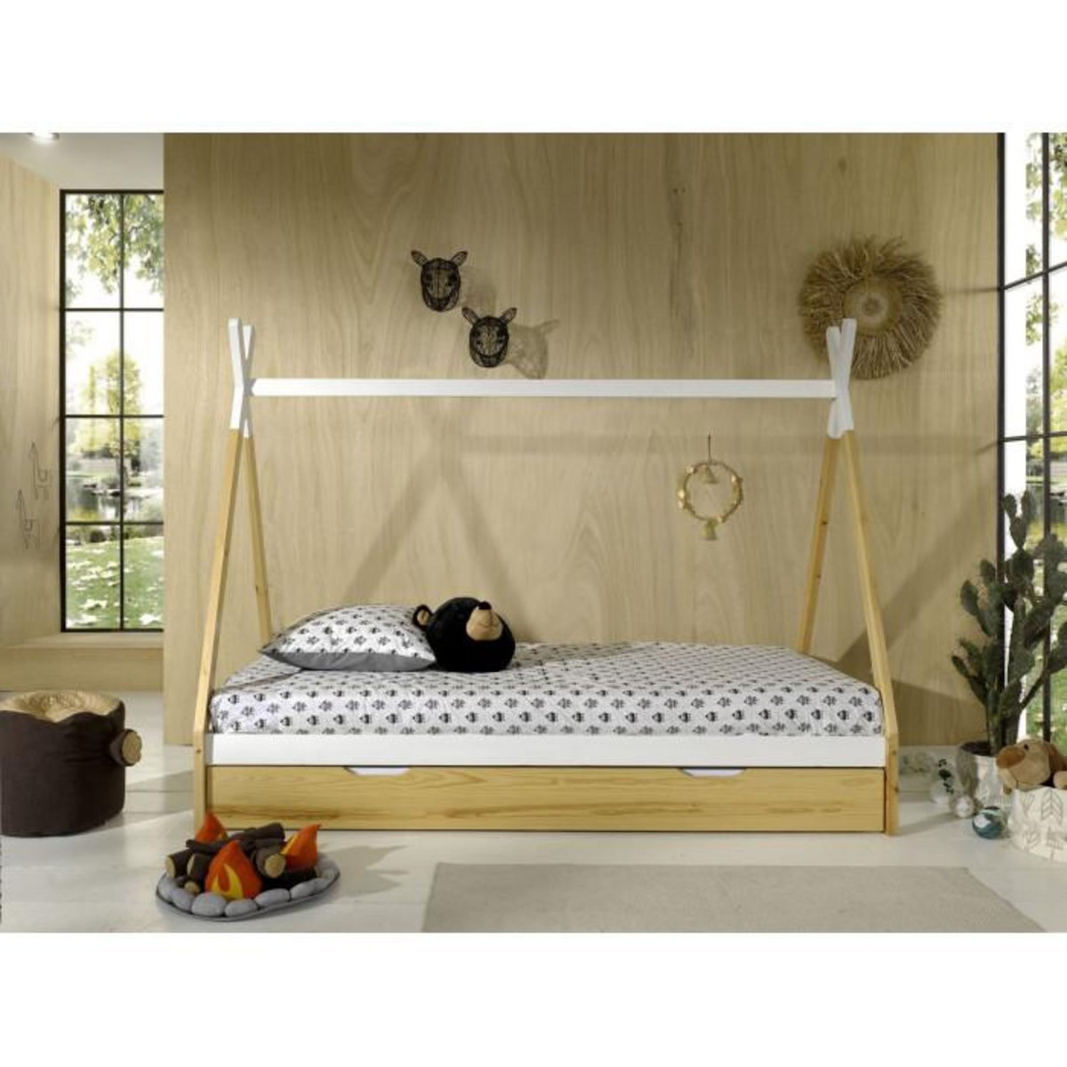 Paris Prix Pack - Lit Enfant & Tiroir  Tipi  90x200cm Blanc & Naturel