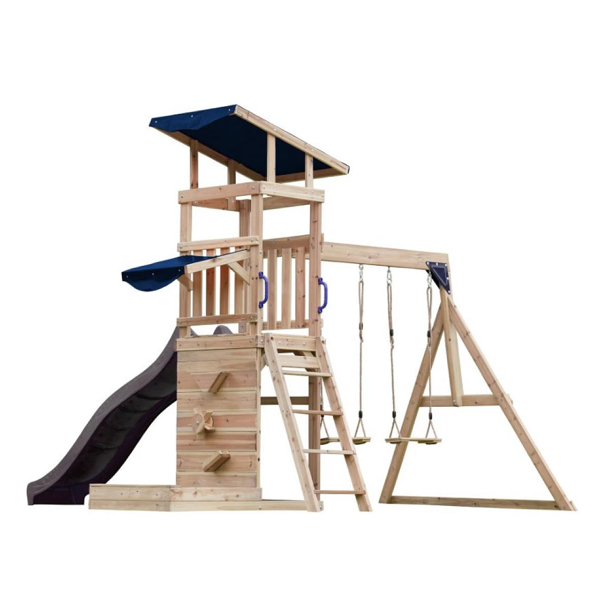 Voir la diapositive 4 : Axi House Portique Malik 2 balançoires + mur toboggan gris