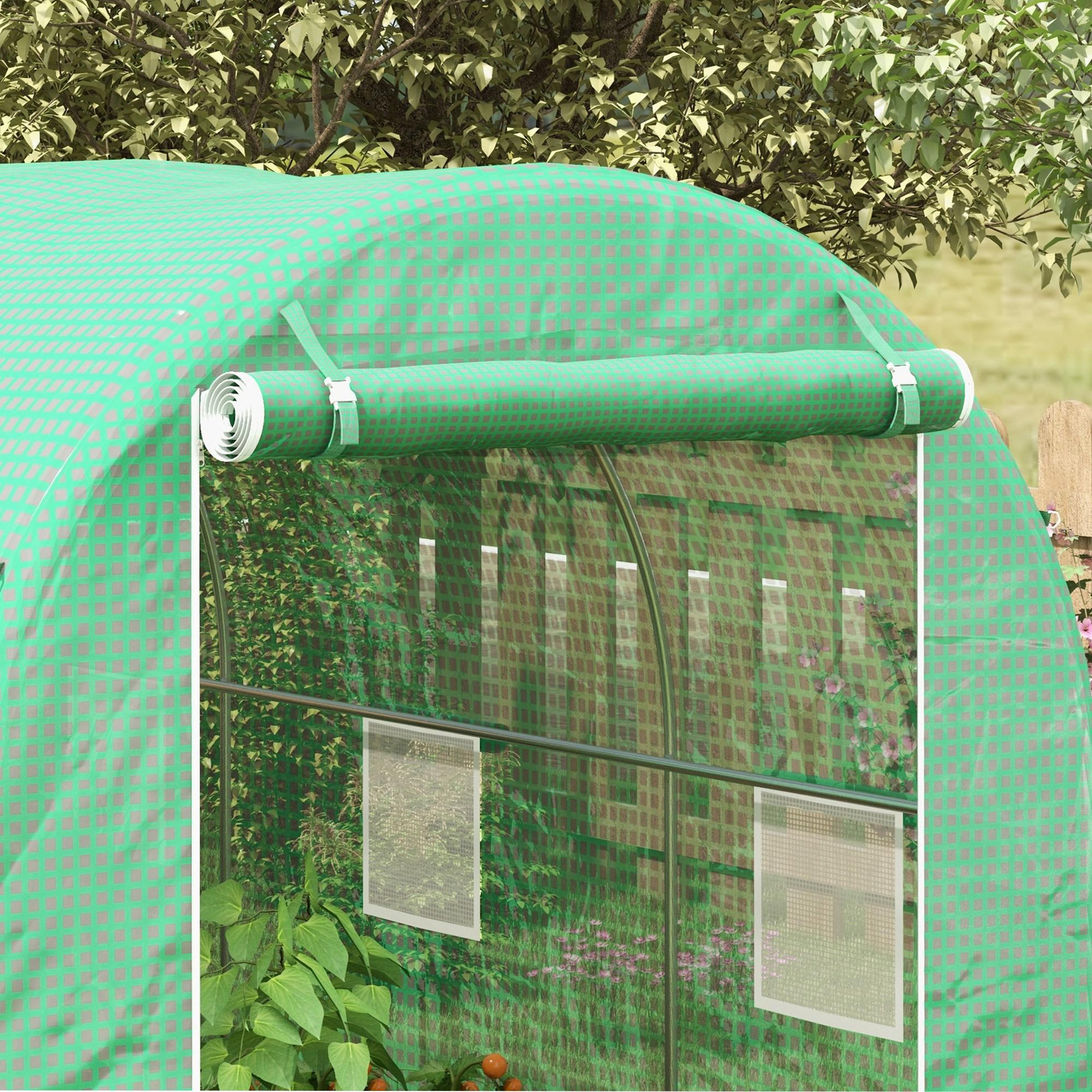 Voir la diapositive 5 : OUTSUNNY Serre de jardin tunnel surface sol 8 m² 4l x 2l x 2,05h m châssis tubulaire renforcé porte zippée 6 fenêtres enroulables vert