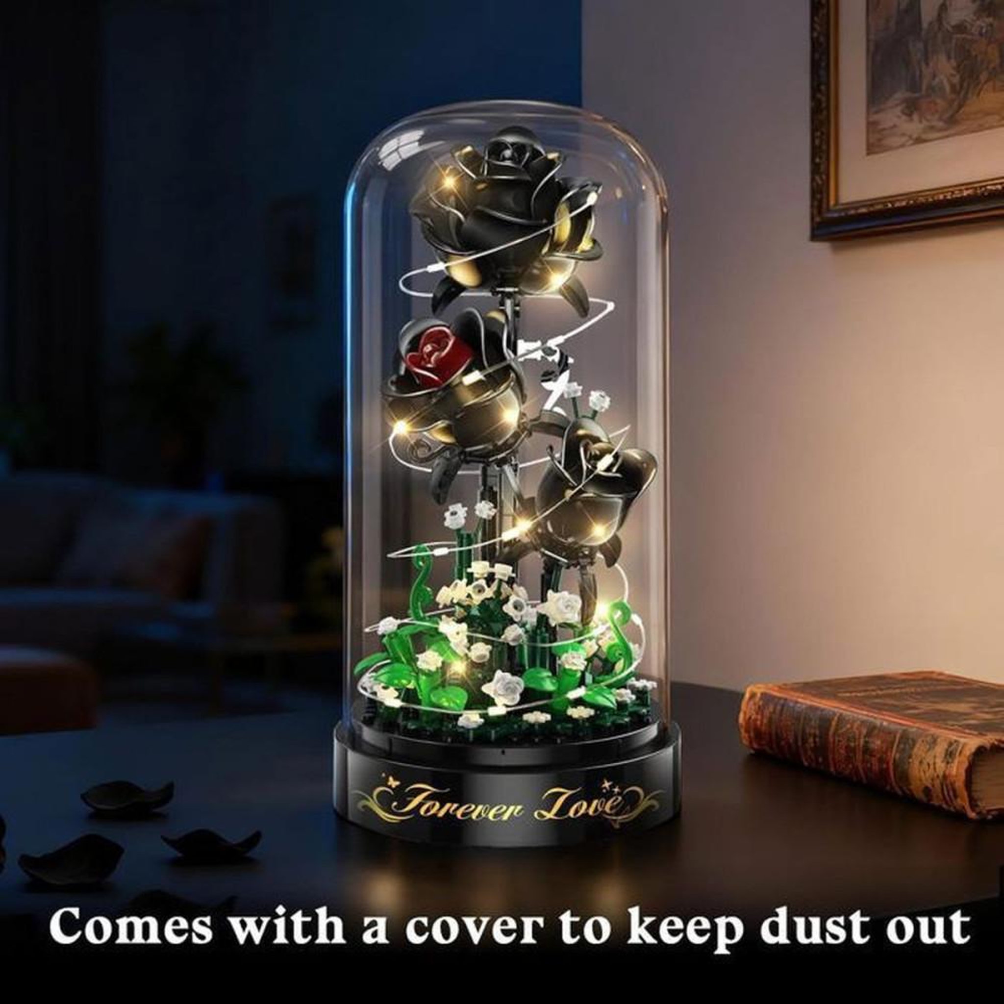 Voir la diapositive 4 : Bouquet de roses noires LED en coffret de construction, 232 mini-blocs 3,6 mm, dôme anti-poussière, pétales ajustables