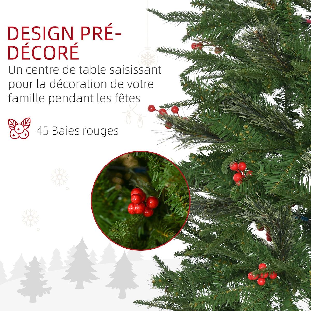 HOMCOM Sapin de Noël artificiel décoré Ø 78 x 210H cm 746 branches épines grand réalisme 45 baies rouges
