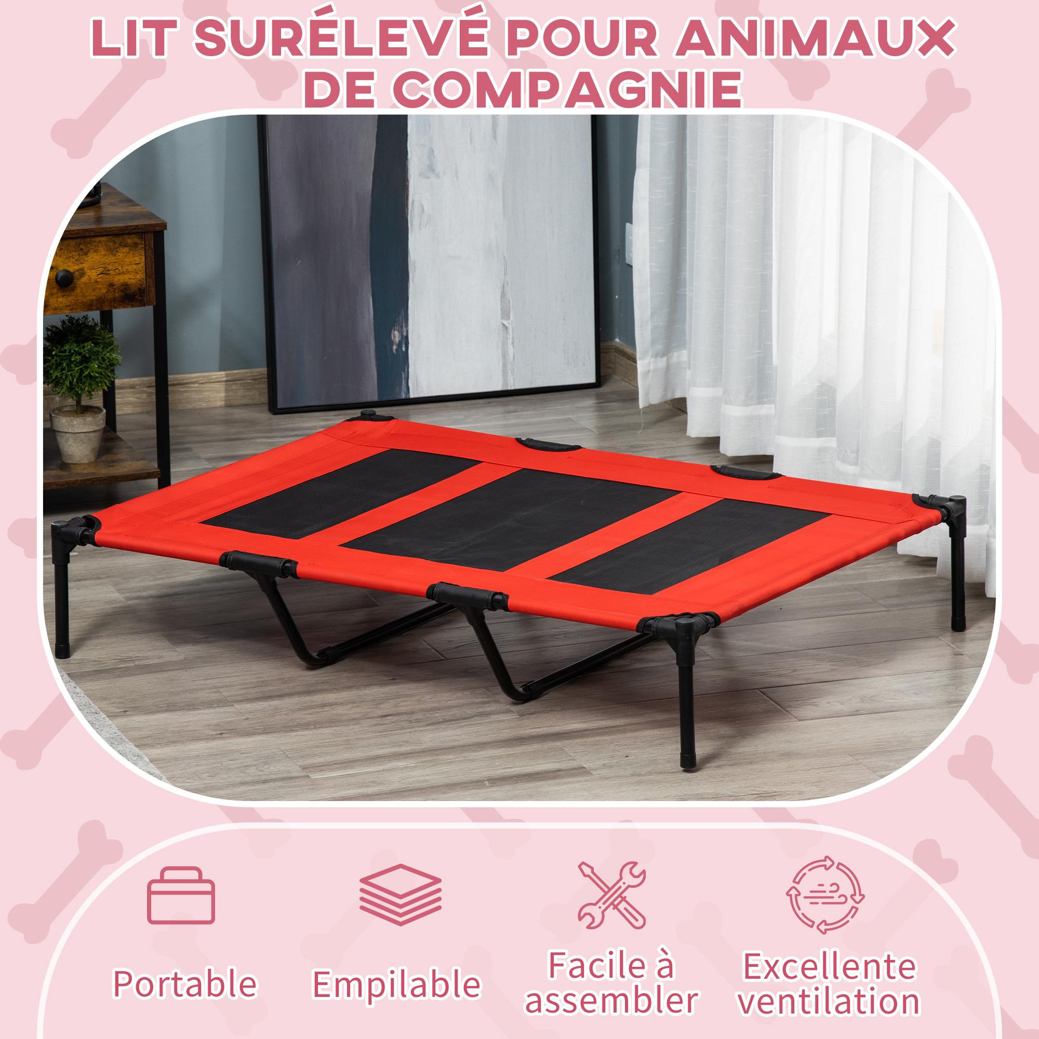Voir la diapositive 4 : PAWHUT Lit sur pieds xxl pour chien chat lit de camp animal lit surélevé oxford textilène micro-perforé dim. 122l x 92l x 23h cm rouge